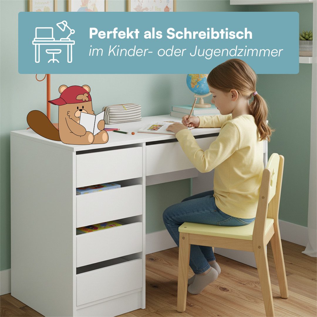 Bellabino Kinderschreibtisch Nore weiß, Jugendschreibtisch 110x53 cm mit 5 Schubladen, beidseitig montierbar