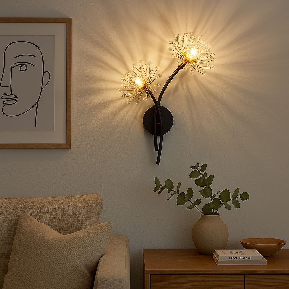 GLOBO LIGHTING Wandleuchte, Leuchtmittel nicht inklusive, Wandleuchte Flurlampe Kristallleuchte Blume gold schwarz 2-Flammig G9