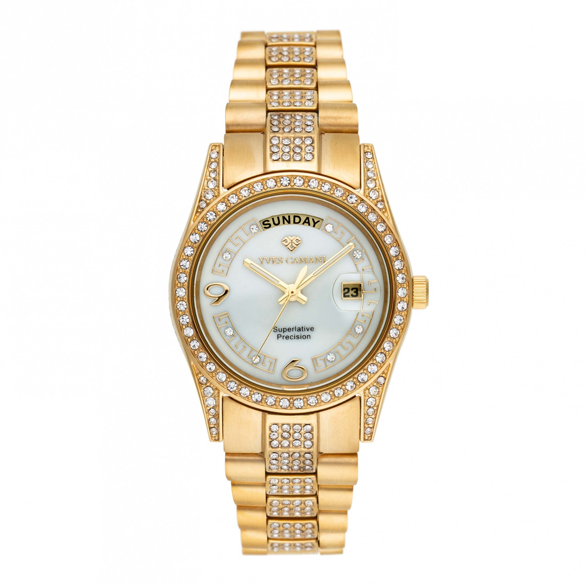 Yves Camani Quarzuhr TIBERIUS, Edelstahlband, Zirkonia-Kristalle, Datums- und Wochentagsanzeige
