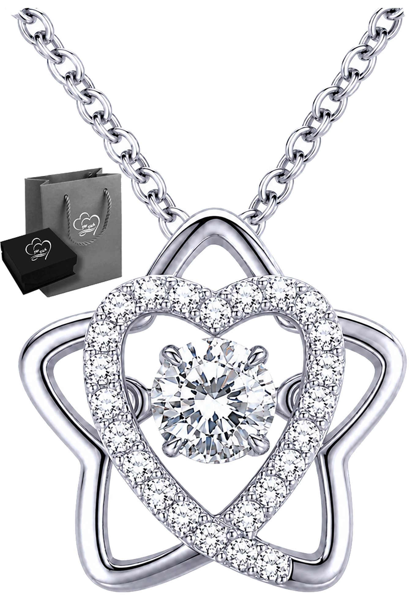 Limana Kette mit Anhänger Damen Halskette Herz Stern 925 Silber tanzender Zirkonia Geschenk (für Frau Freundin Mama, inkl. Schmuck-Dose und Tasche), Geburtstag Jahrestag Hochzeitstag Weihnachten Muttertag Valentinstag