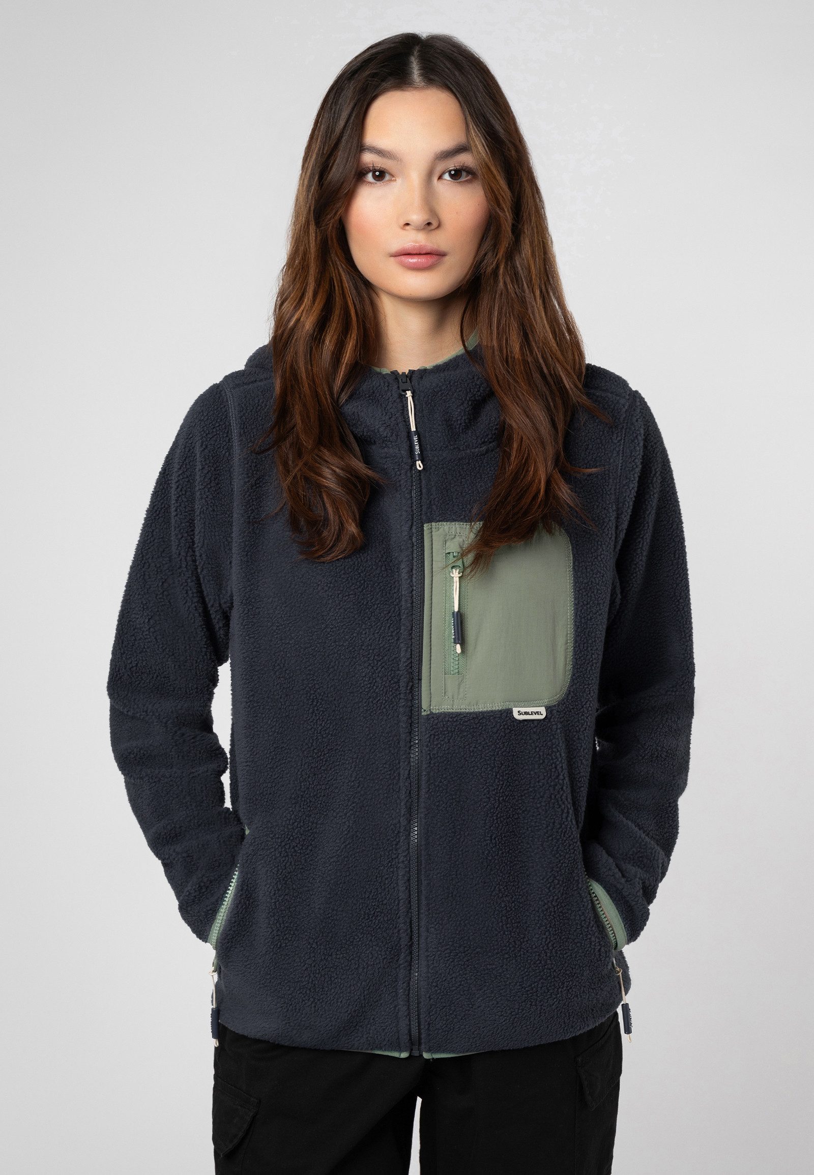 SUBLEVEL Fleecejacke Damen Teddyfleecejacke mit Brusttasche und Kapuze Flee günstig online kaufen