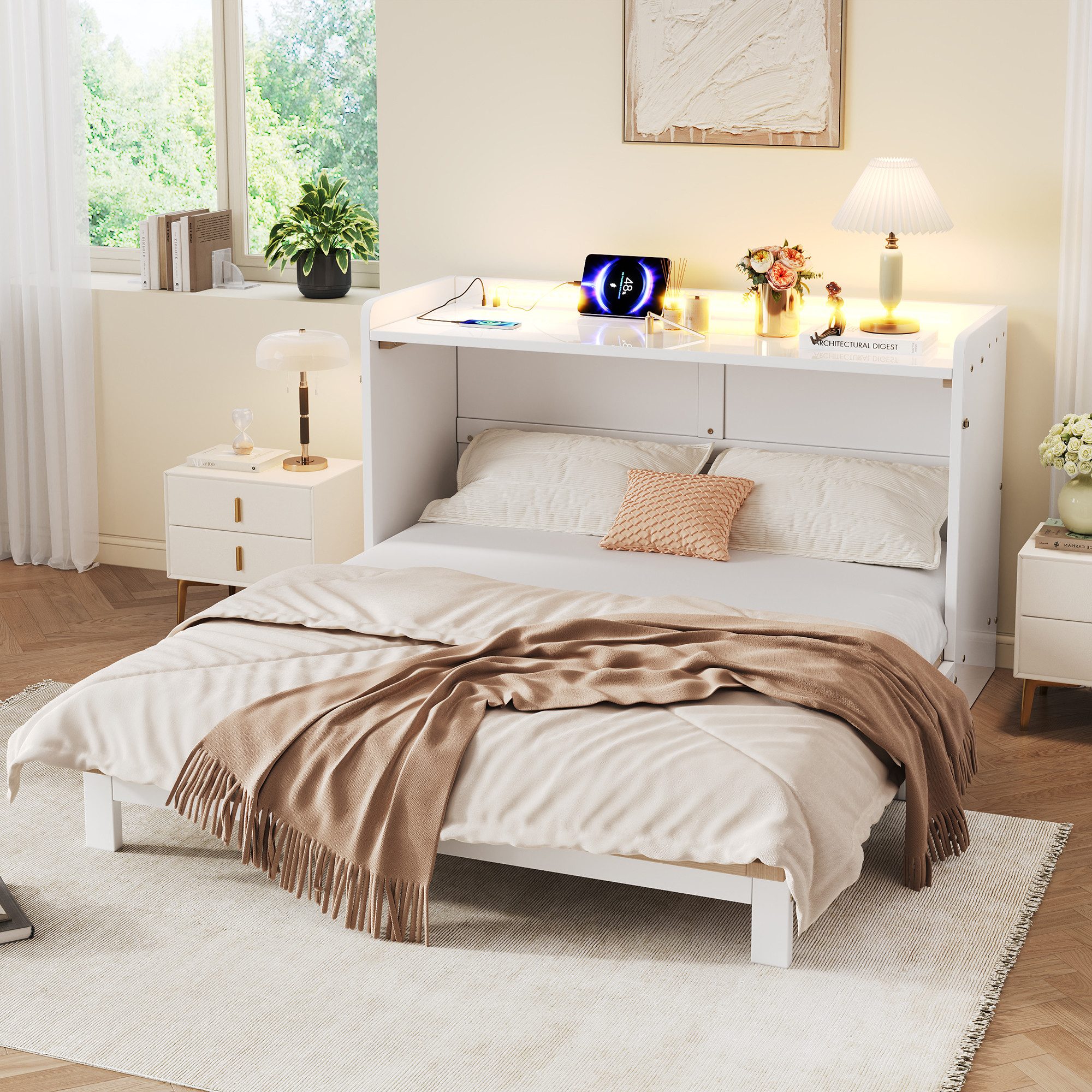 Flieks Schrankbett Umbaubares Holzbett 140x200cm mit Schublade Aufladen & LED-Lichtleiste