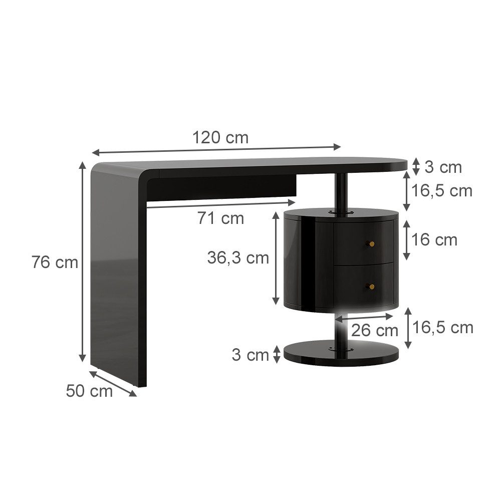 Vicco Schminktisch Lara, Schwarz Hochglanz, 120 cm mit 2 Schubladen (1-St)
