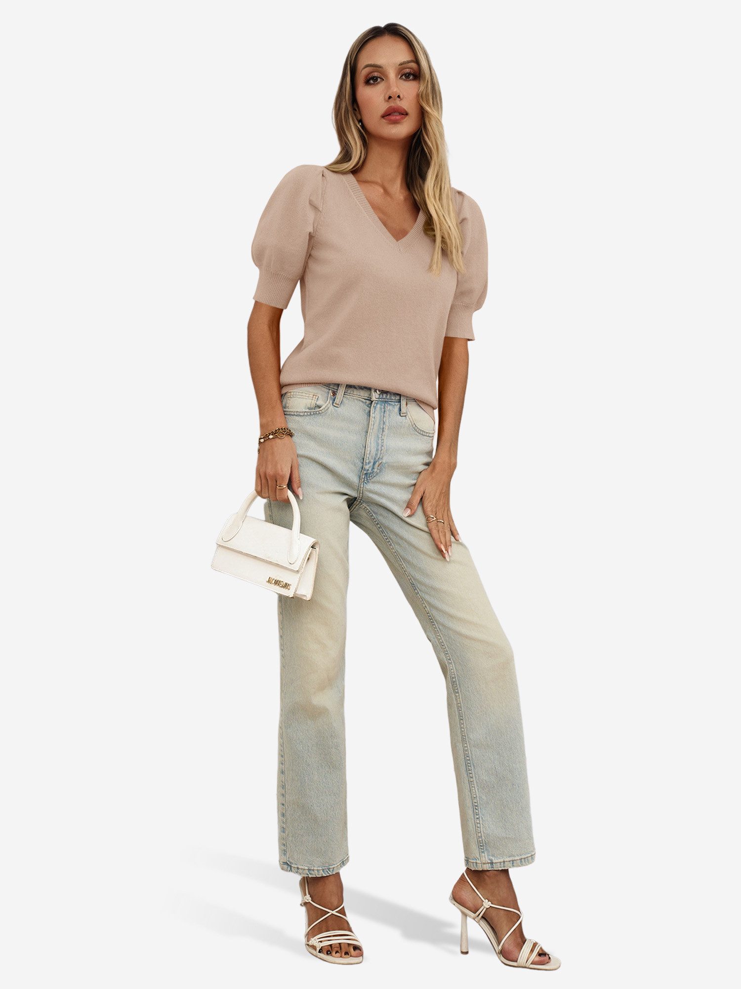 Imily Bela Stricktop Damen Halbarm Puffärmel V-Ausschnitt Top Stricken Sommer Casual (Packung, 1-tlg., 1per-Pack) gehäkelt in Unifarbe – Bild 3 von 5