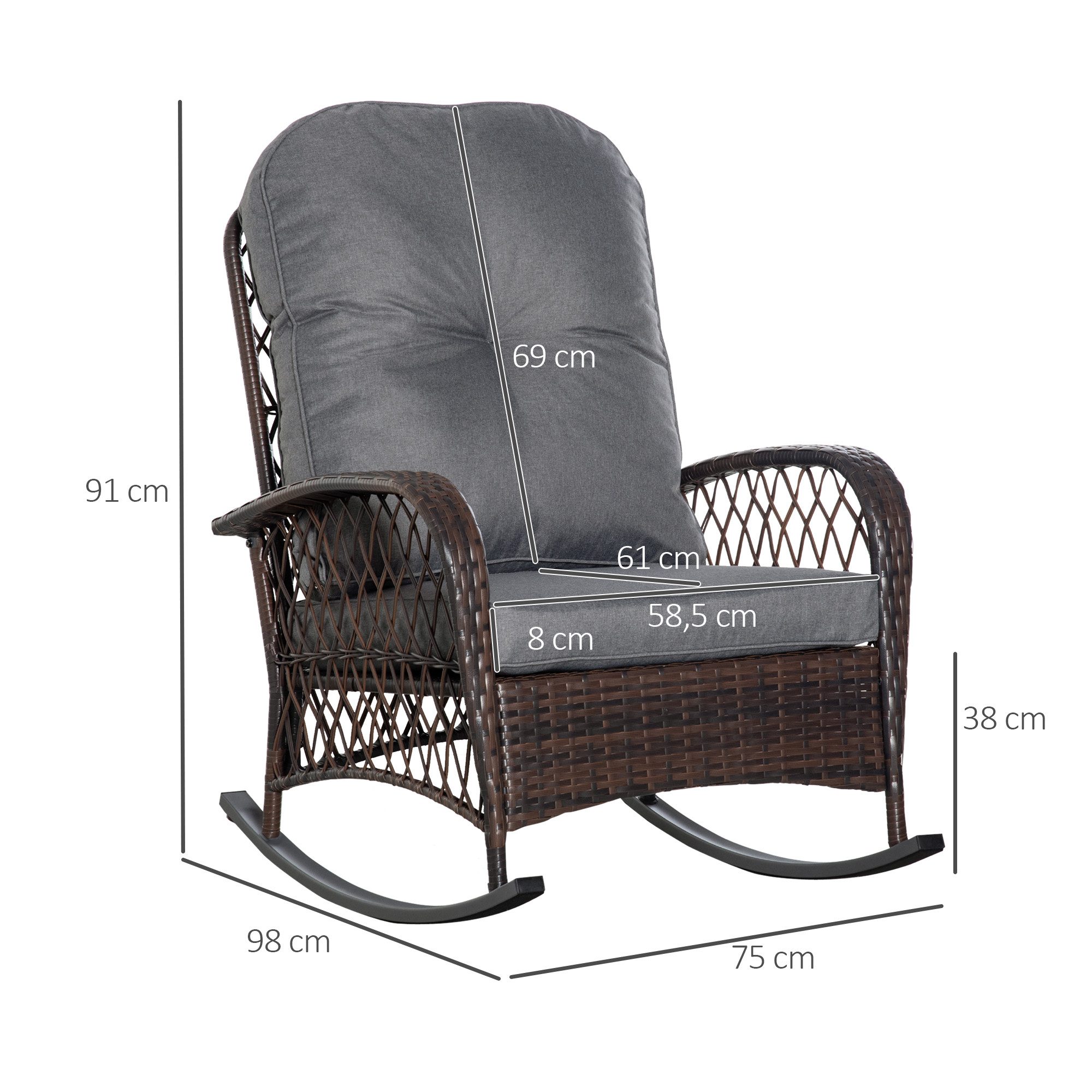 Outsunny Schaukelstuhl Gartenstuhl mit Kissen (Poly Rattan Schaukelstuhl, 1 St), Braun 75 x 98 x 91 cm