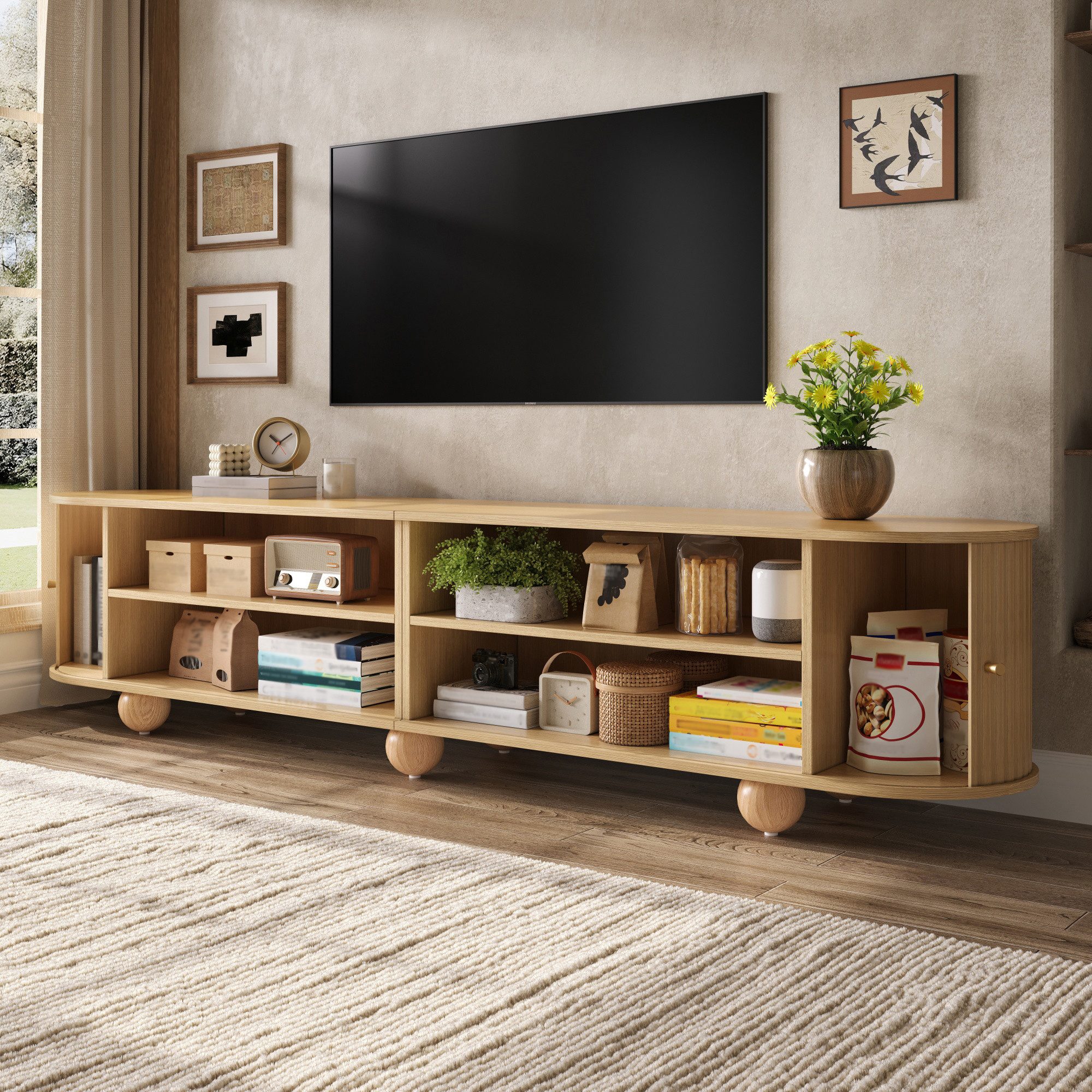 Merax Lowboard im Retro-Design, TV Möbel mit vertikal geriffelten Türen (1 St), TV Schrank mit Schiebetüren, Kugelfüßen & Stauraum, 180×35×45cm