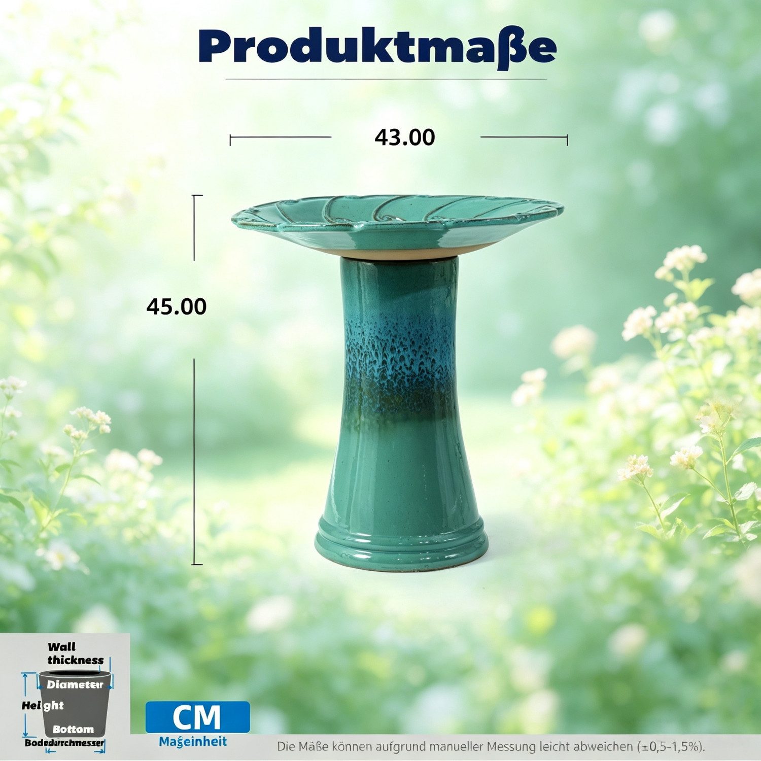 LVHOM Vogeltränke Halbhandgefertigtes Keramik Vogelbad, Wirrelrelief, Ø 43cm, wetterfest, Stilvolles Wassergefäß für Deko, Pflanzen, Garten, Terrasse, Balkon.