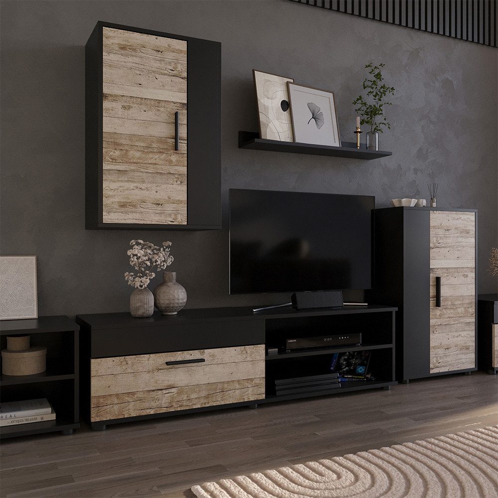 Vicco Wohnwand Berno, Schwarz/Sandeiche, mit 1 Klappe günstig online kaufen