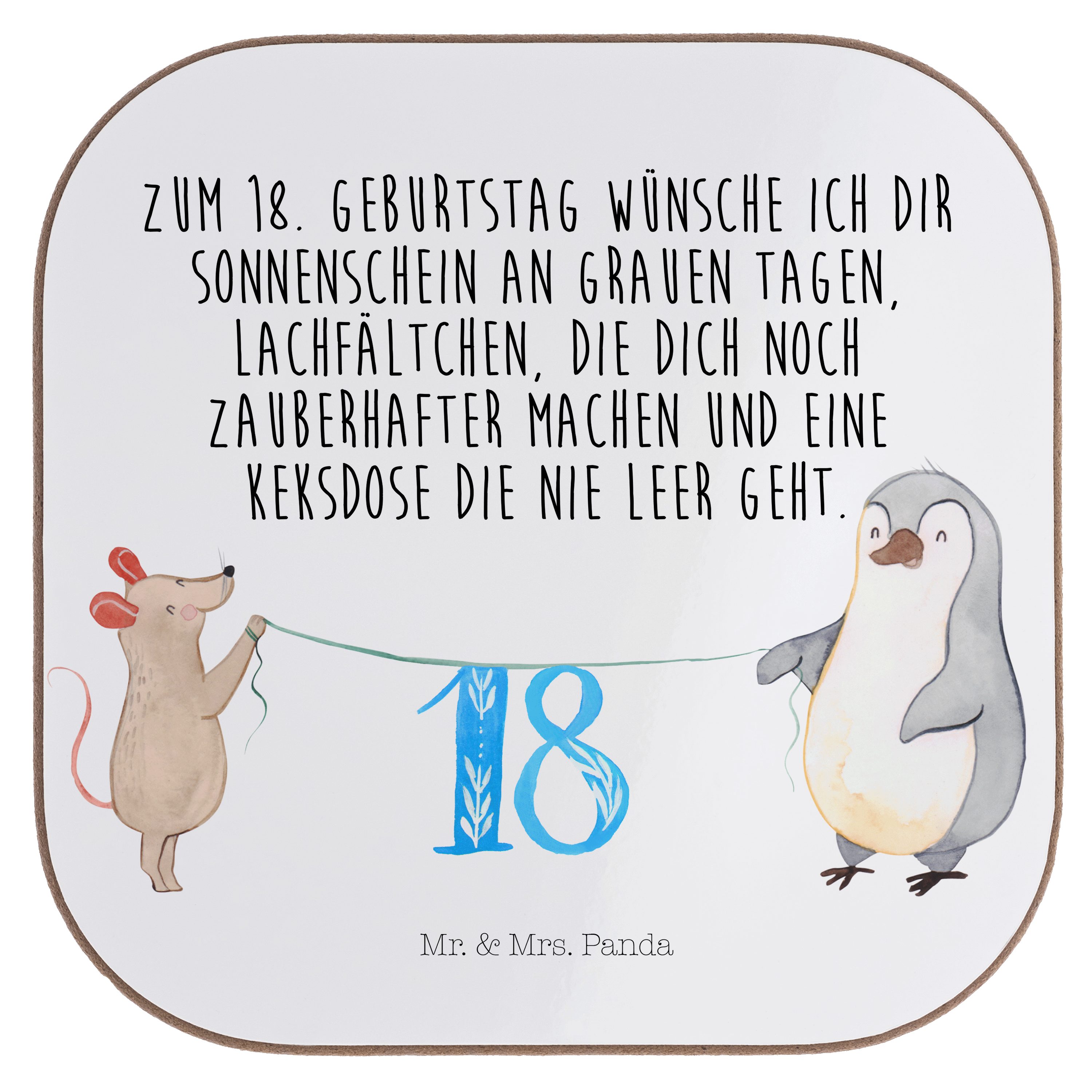 Mr. & Mrs. Panda Getränkeuntersetzer 18. Geburtstag Maus Pinguin - Weiß - Geschenk, Geburtstagsgeschenk, K, 1-tlg.