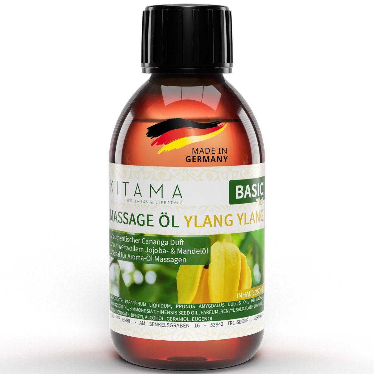 Kitama Massageöl mit Aroma - Körper-Öl für Massagen Pflegeöl Aroma-Öl Thai-Öl 250ml, Ylang Ylang