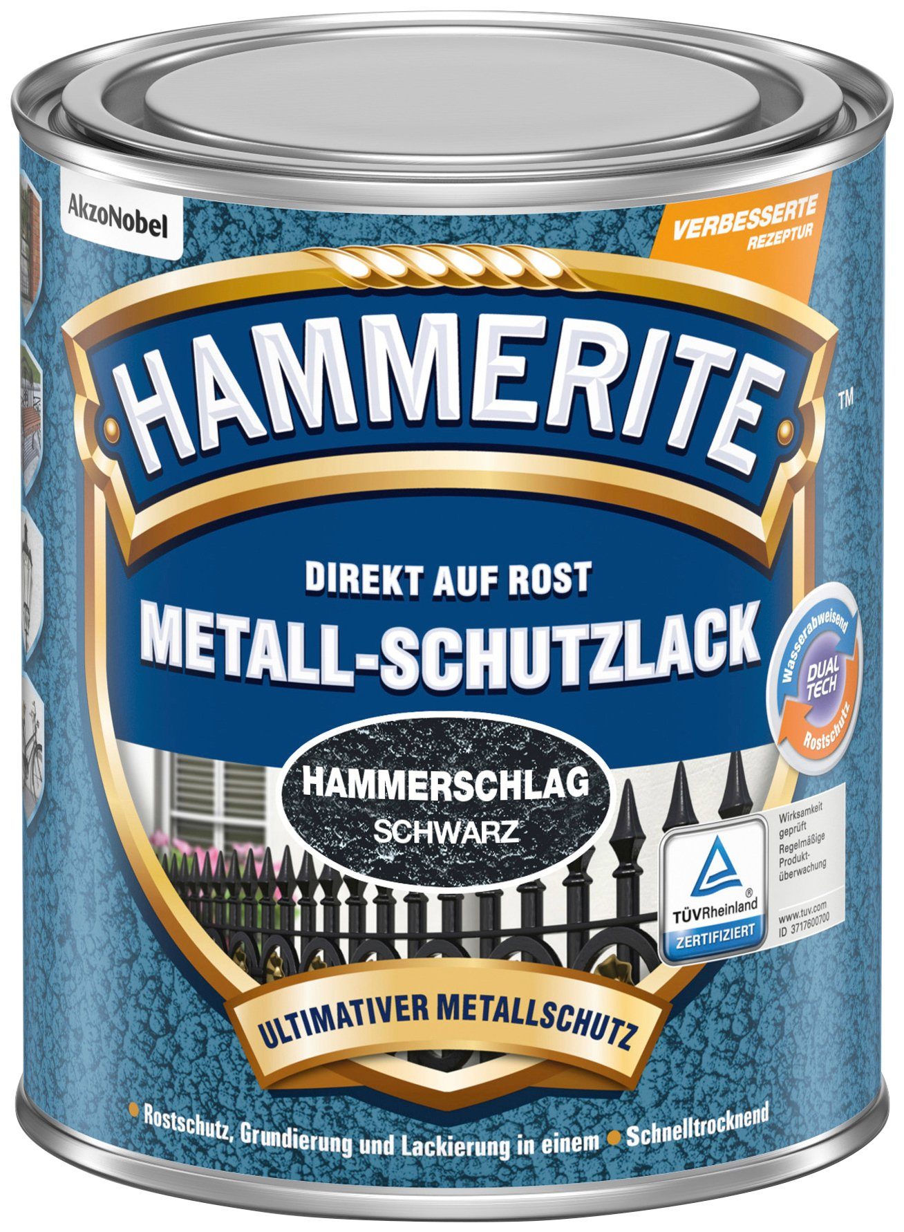 Hammerite  Metallschutzlack DIREKT AUF ROST, Hammerschlag schwarz Liter, 0,25