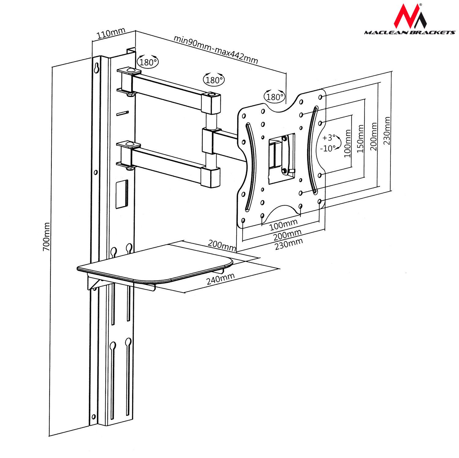 Maclean TV-Wandhalterung MC-771, (bis 42 Zoll, Fernseher Wandhalterung mit Ablage)