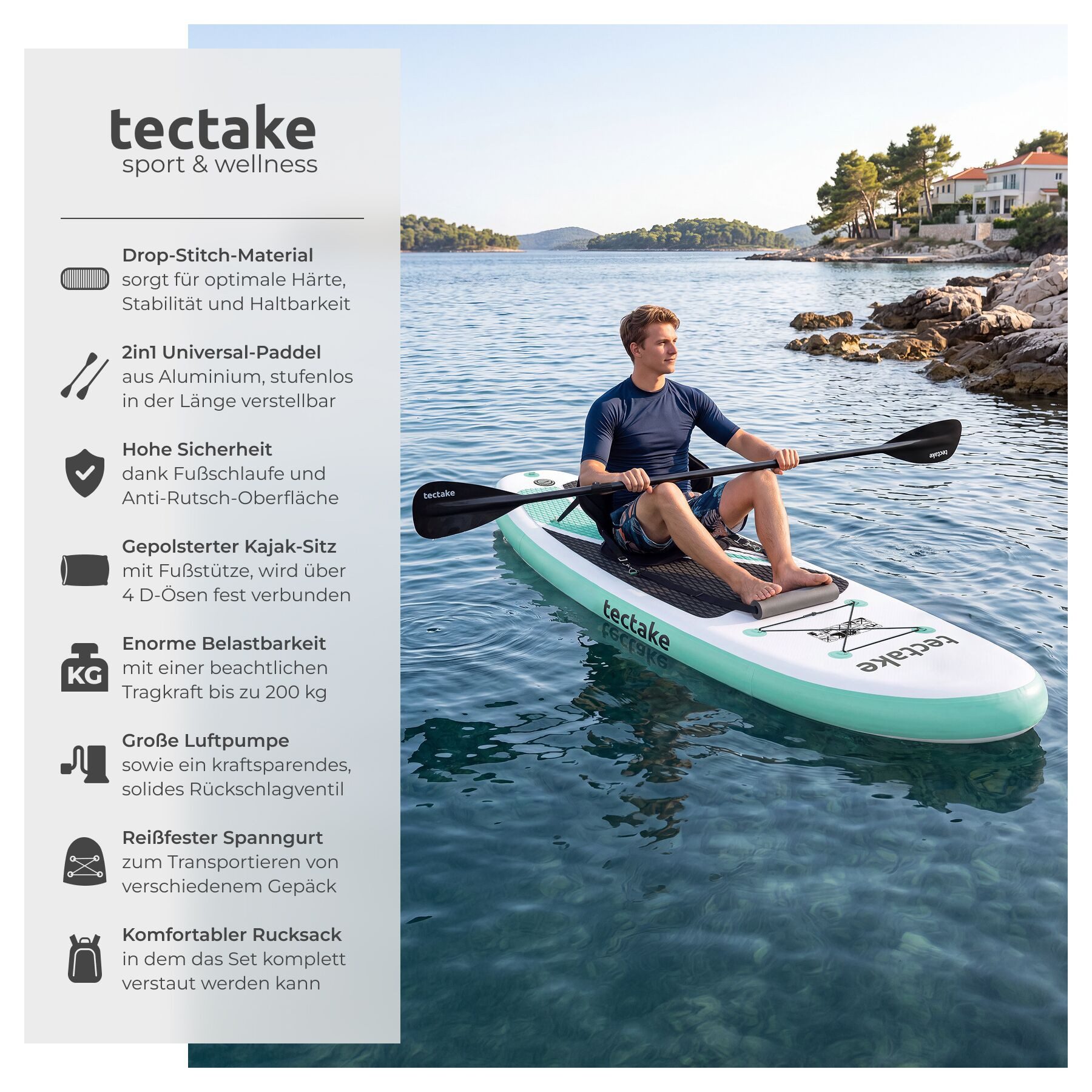 tectake SUP-Board Aufblasbares Paddle Board 2in1 mit Kajaksitz, Drop-Stitch, Stand-up Paddle, (Sup Board Mit Kajaksitz Zenon, in Weiß/türkis), Belastbar bis 200 kg, Inkl. Zubehör, verstellbares Doppelpaddel