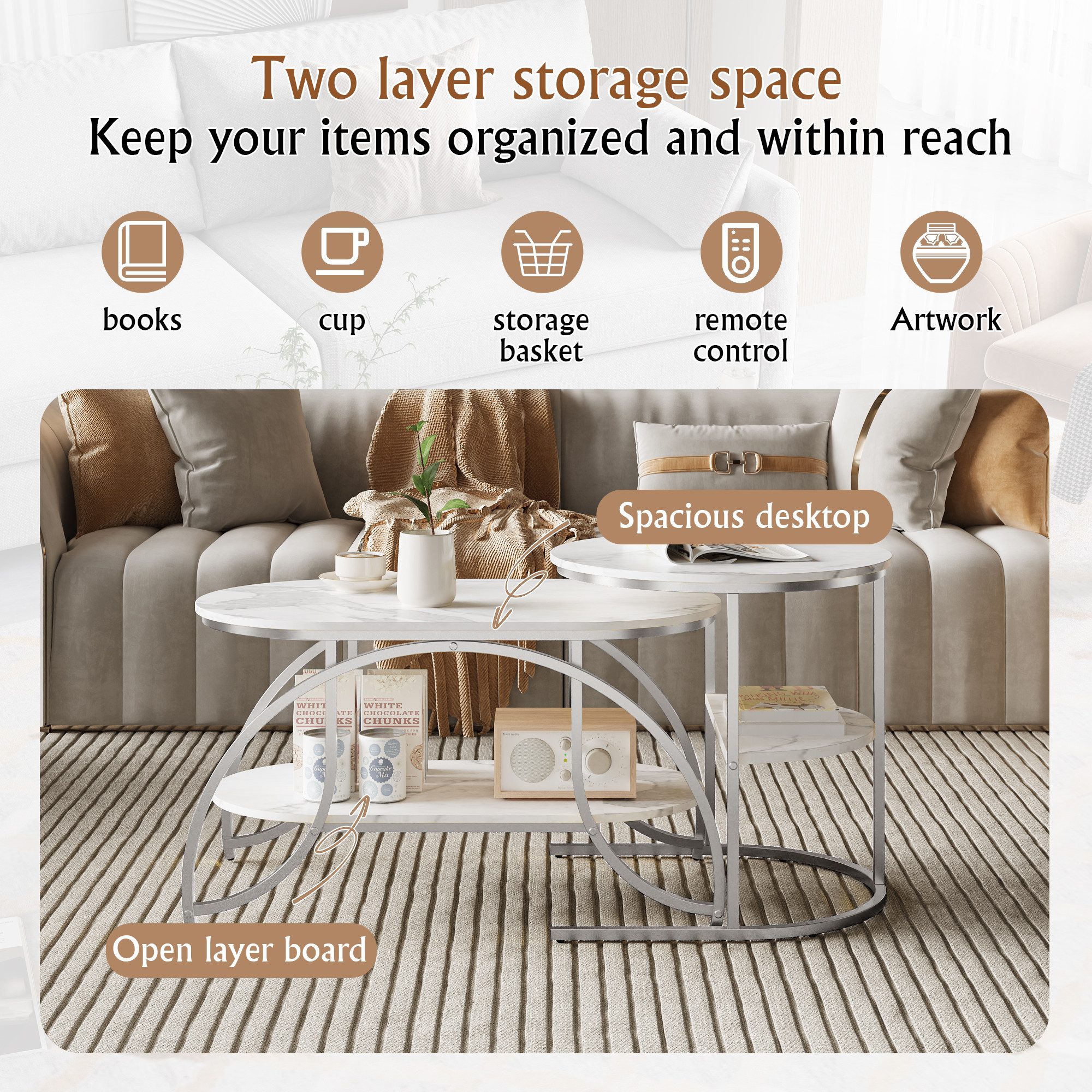 FUROKOY Couchtisch Beistelltisch Sofatisch wohnzimmertisch kaffeetisch 2er set (Runder Tisch Oval), Modern design Couchtisch mit Silber beinen,Marmoroptik,Silber + Weiß