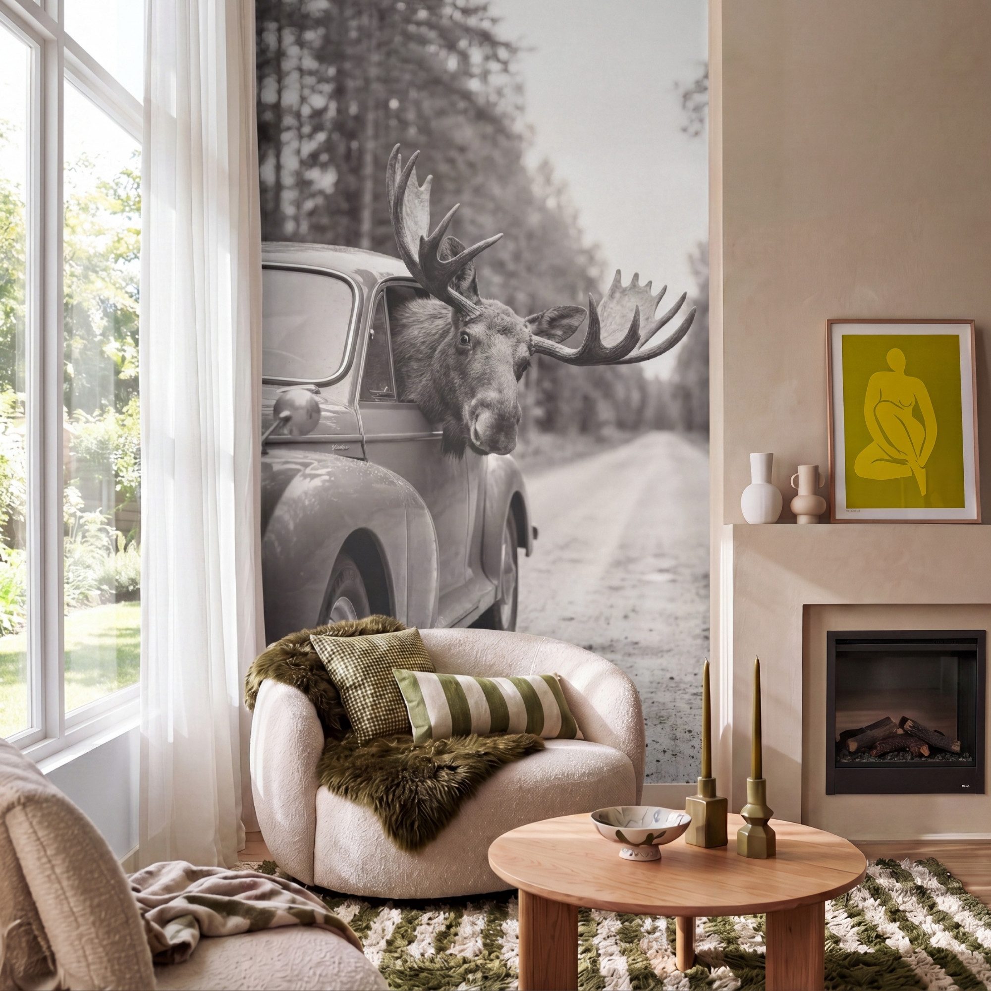 OnlyWow Fototapete Elch - Auto - Geweih - Schwarz - Weiß, Matt, bedruckt, Wandtapete, bedruckt, Schlafzimmer 120x200cm