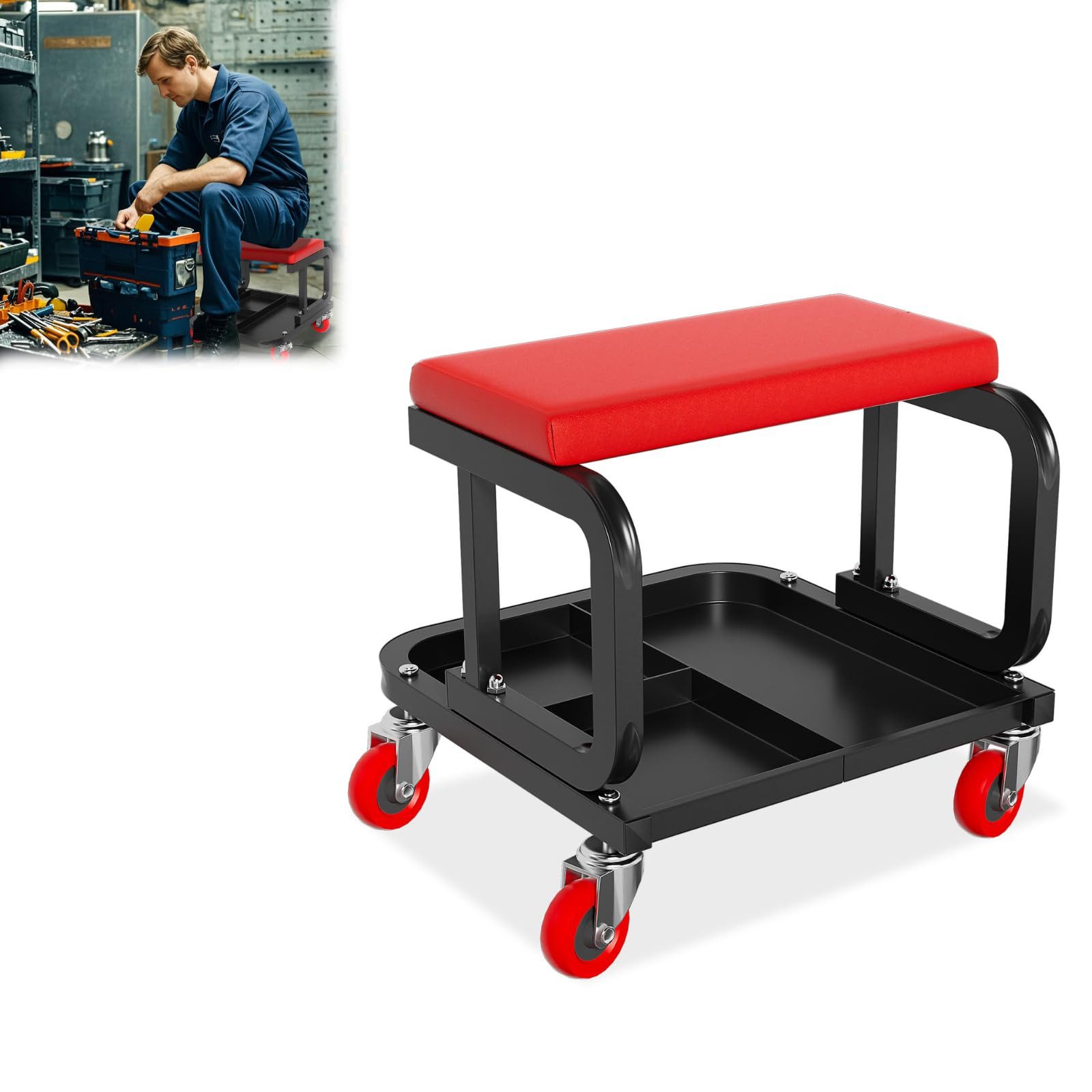 FIVMEN Werkstatt-Set Werkstatt Rollbrett Werkstatthocker Rollsitz mit 360° Rollen, Montagehocker Garagenhocker inkl. Aufbewahrungsbox Paletten