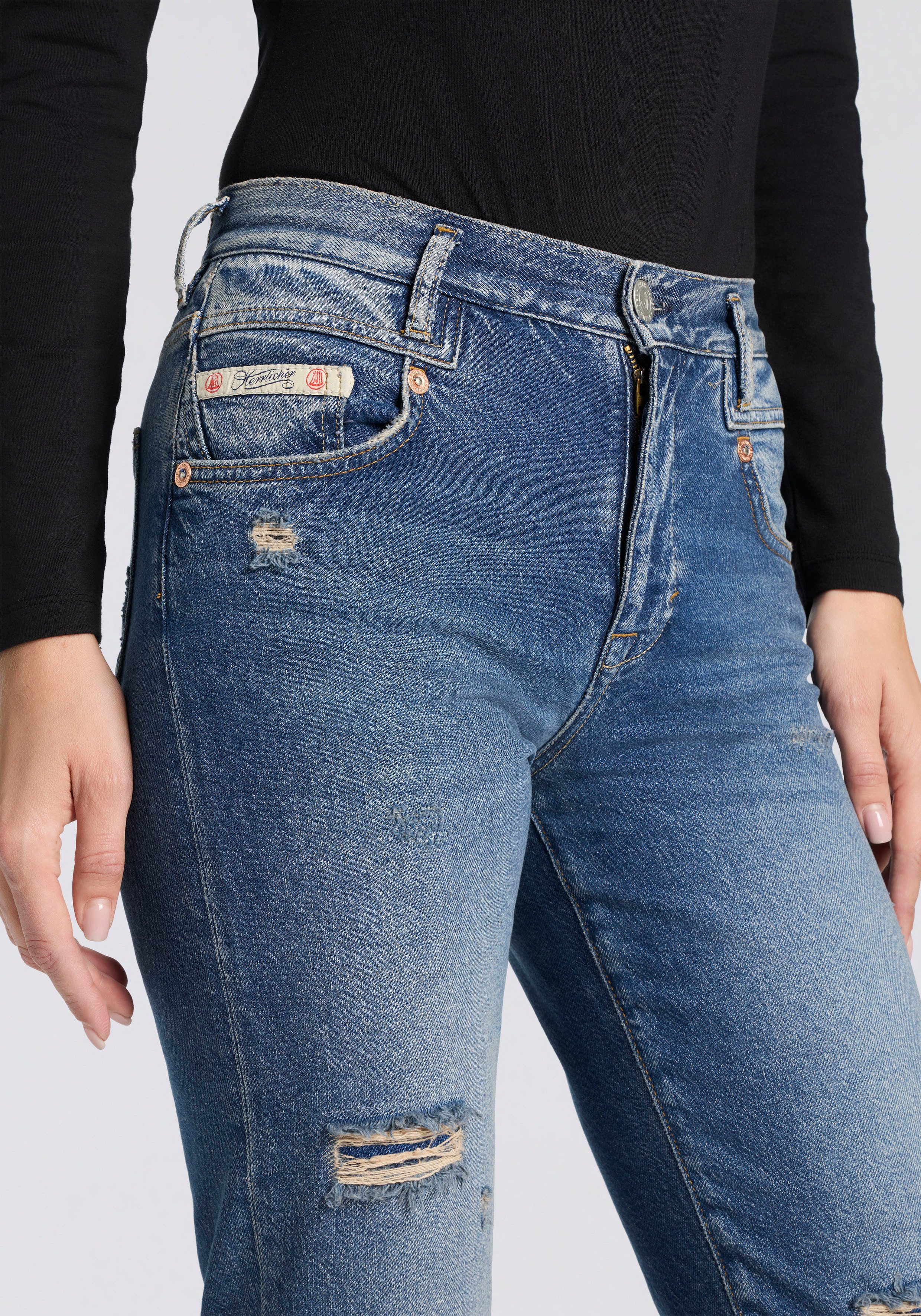 Herrlicher 5-Pocket-Jeans Breezy Cropped Denim Straight Fit mit Destroyed-Effekten