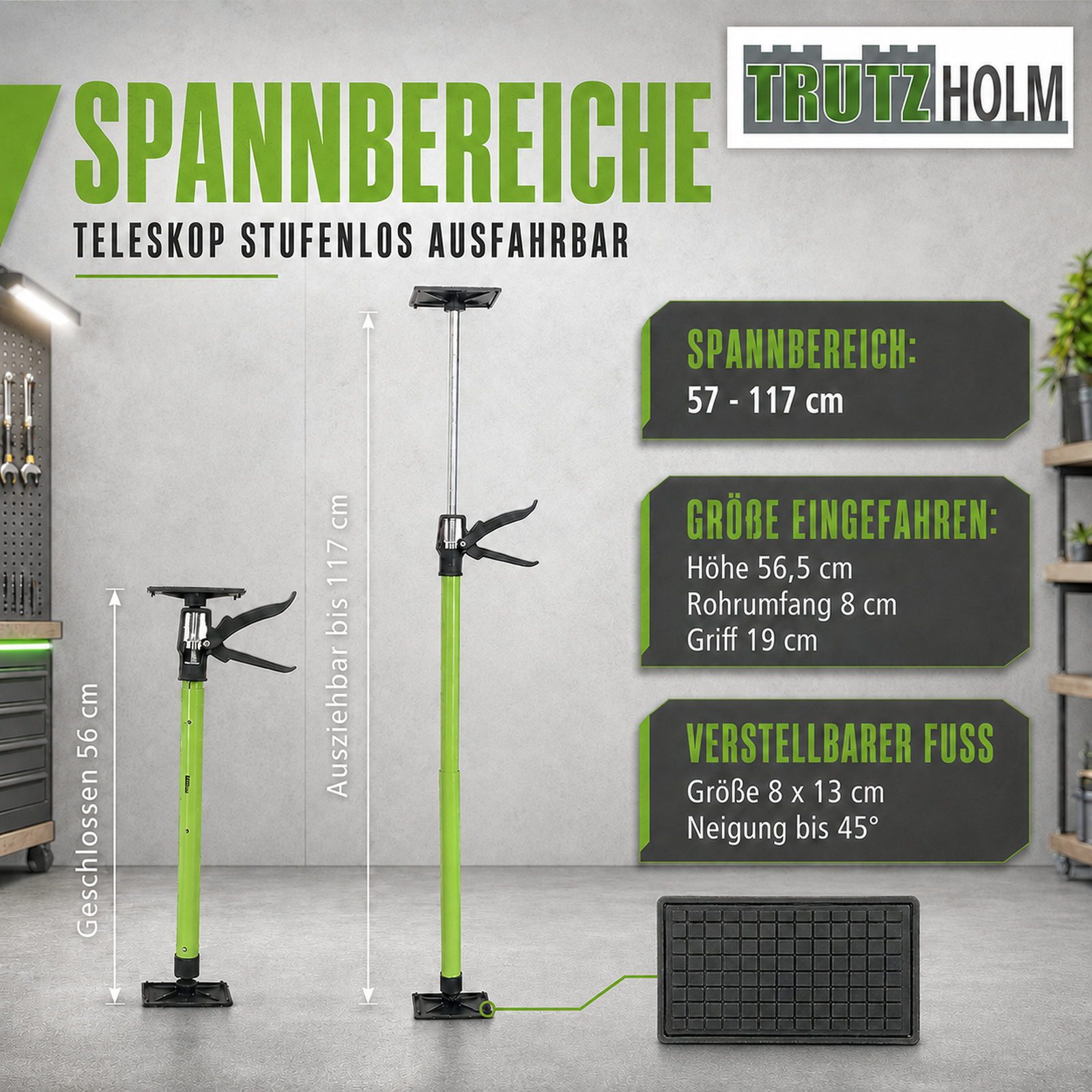 TRUTZHOLM Montageklemme Montagestütze kurz 57 - 117 cm Klicksystem Türspanner Teleskopstütze, B: 117 cm