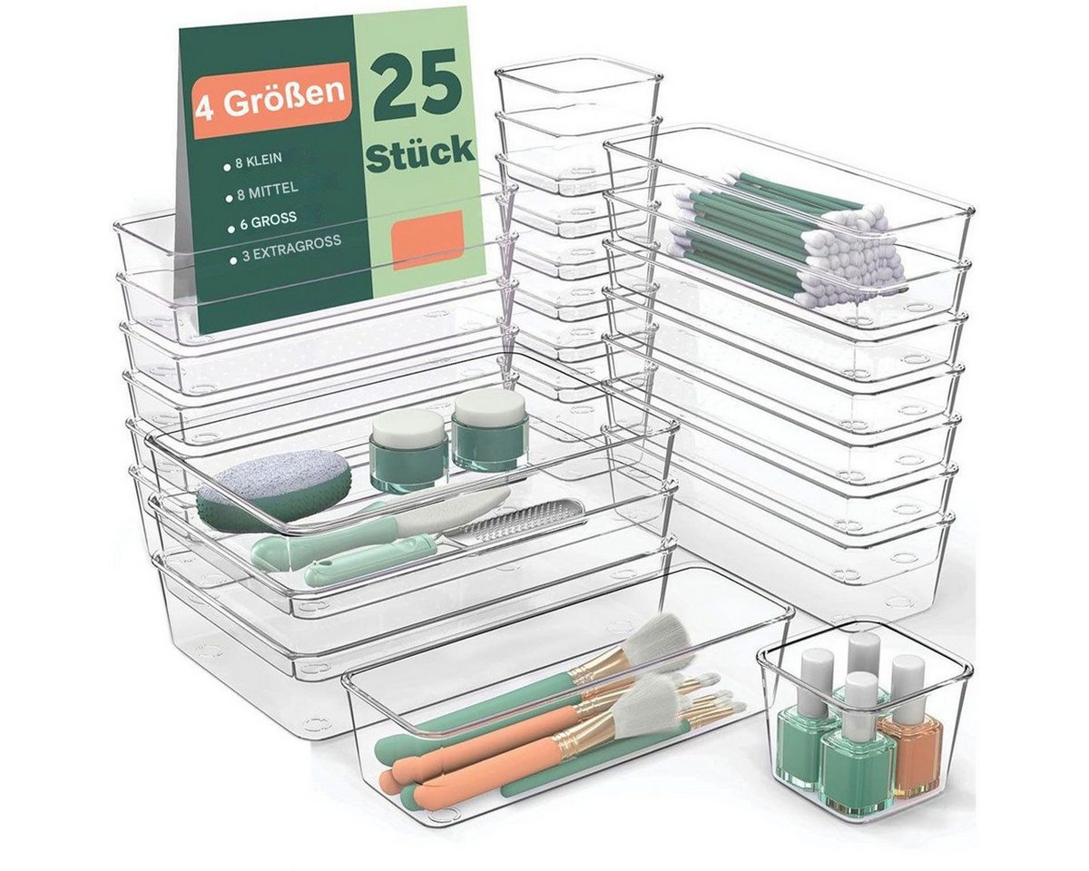 SURFOU Organizer Schubladen Organizer 25 St. Schminktisch Organizer Schreibtisch (schubladen organizer bad, schminktisch organizer für schublade 4 Größen, 25 St., Transparent, waschbar, ausgestattet), Stapelbar,Geeignet für Badezimmer, Schlafzimmer, Küche