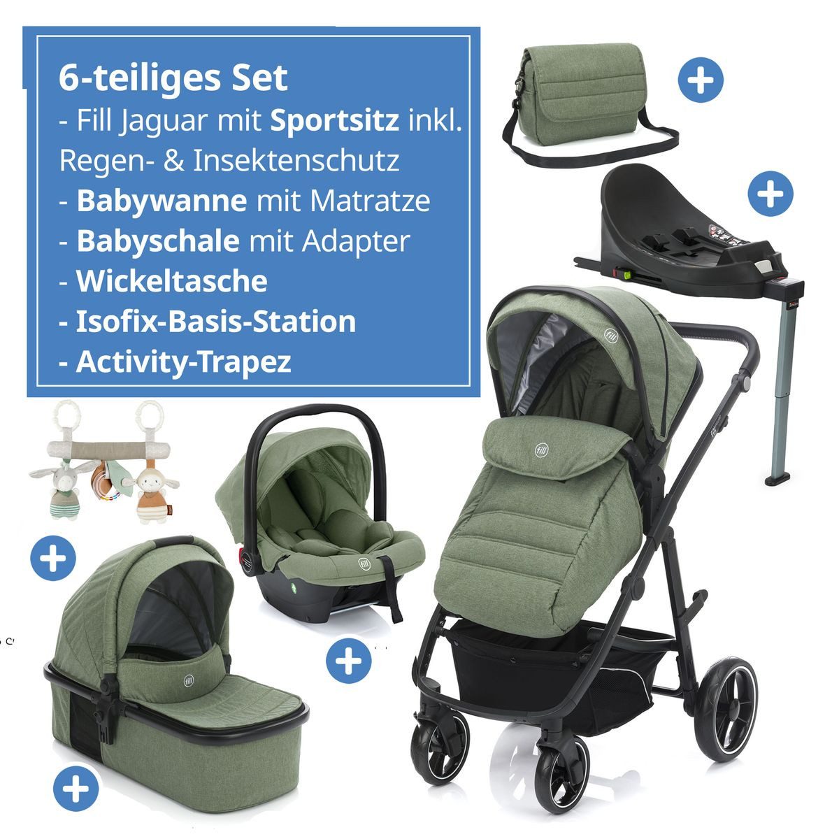 Fillikid Kombi-Kinderwagen Fill Jaguar - Grün Melange, 3in1 Kinderwagen mit Babyschale, Babywanne, Sportsitz & Isofix-Basis