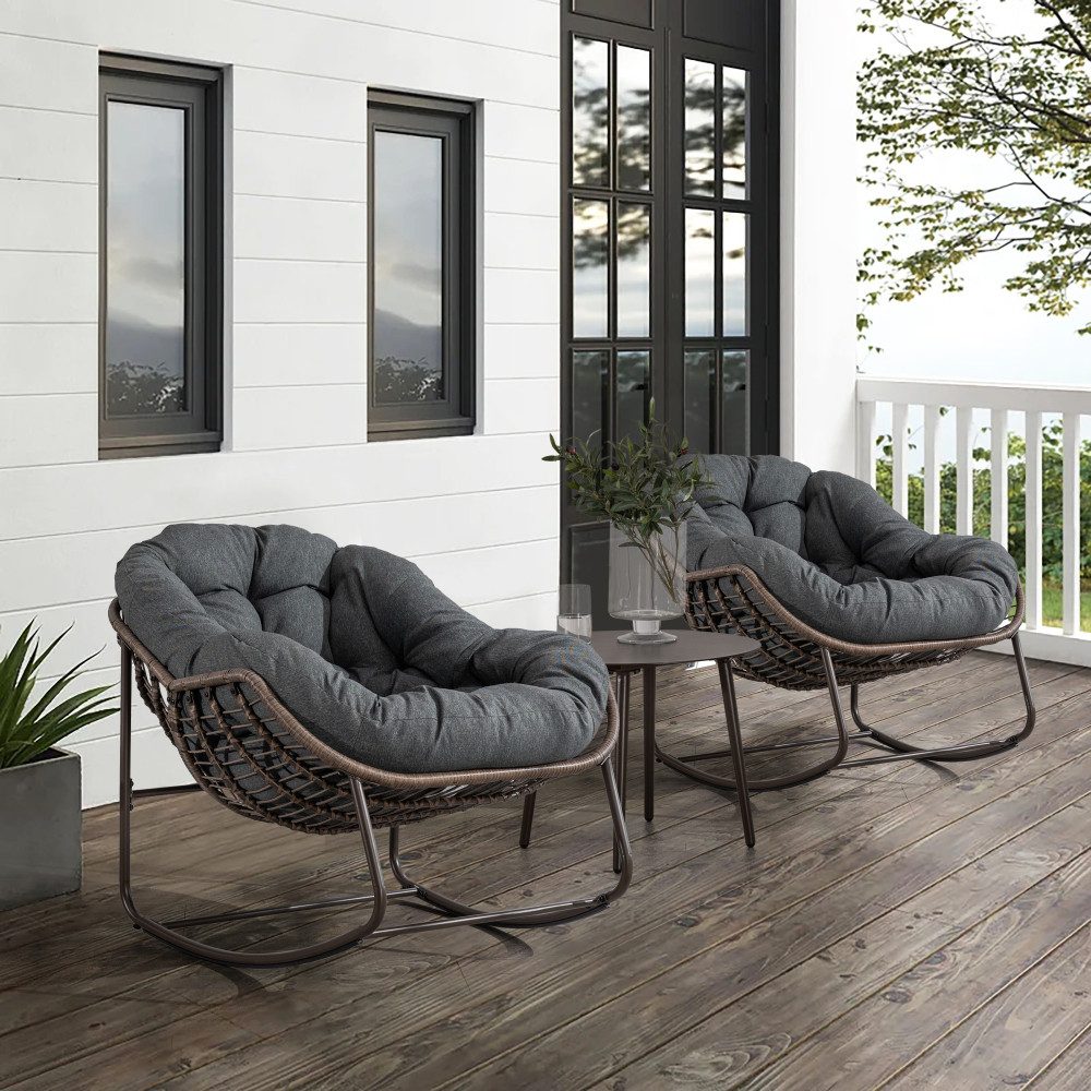 BBWL Rattanstuhl Schaukelstuhl mit Polsterkissen, wetterfester Relaxsessel, Outdoor Rattan Schaukelstuhl für Garten Terrasse Balkon