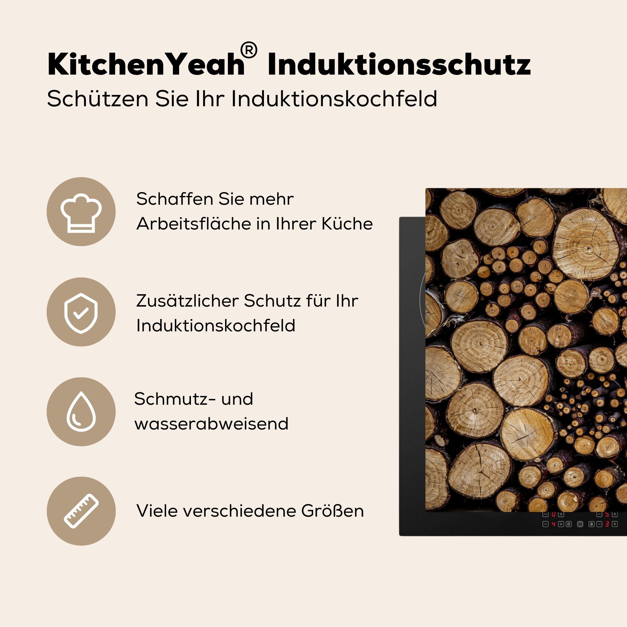 MuchoWow Herdblende-/Abdeckplatte Brennholz in verschiedenen cm, küche, für Ceranfeldabdeckung Vinyl, Größen, Schutz Induktionskochfeld tlg), die 81x52 (1