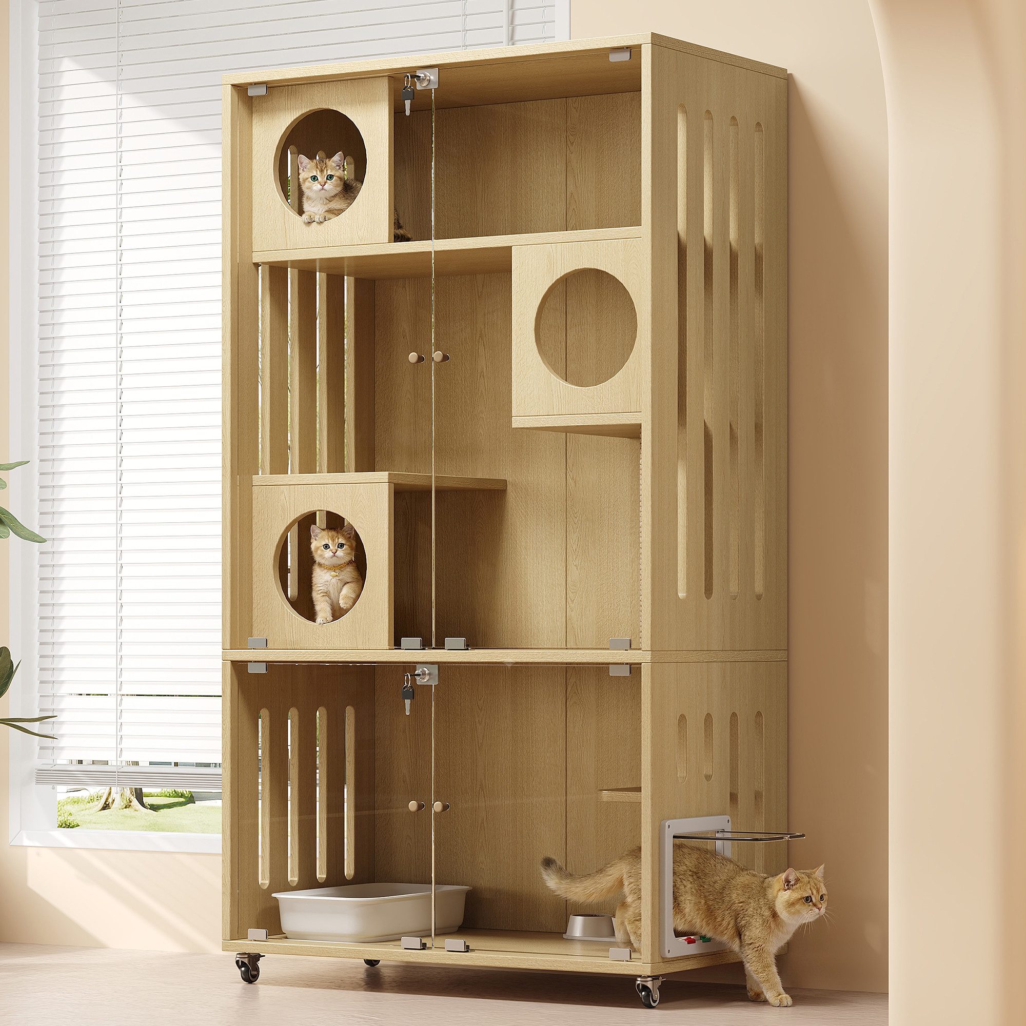 Flieks Katzenhaus Mobiler Katzenkäfig Katzenvilla mit Schlüsselverschluss & Rollen, Tierhaus mit Glas-Doppeltüren, Dreischichtiger Käfig Holzoptik Natur