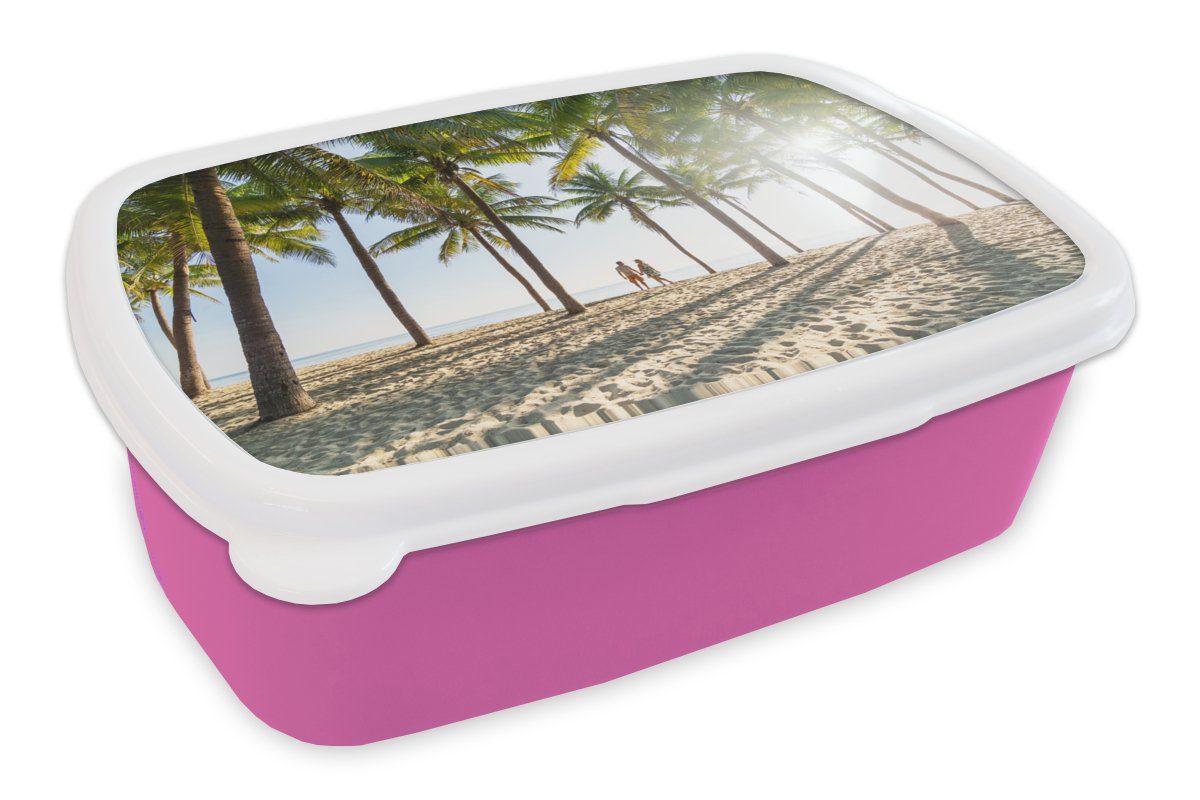 MuchoWow Lunchbox Strand Snackbox, für - Erwachsene, Brotbox - Kinder, rosa Mädchen, Kunststoff - Kunststoff, Brotdose Meer Romantik, (2-tlg), Palme