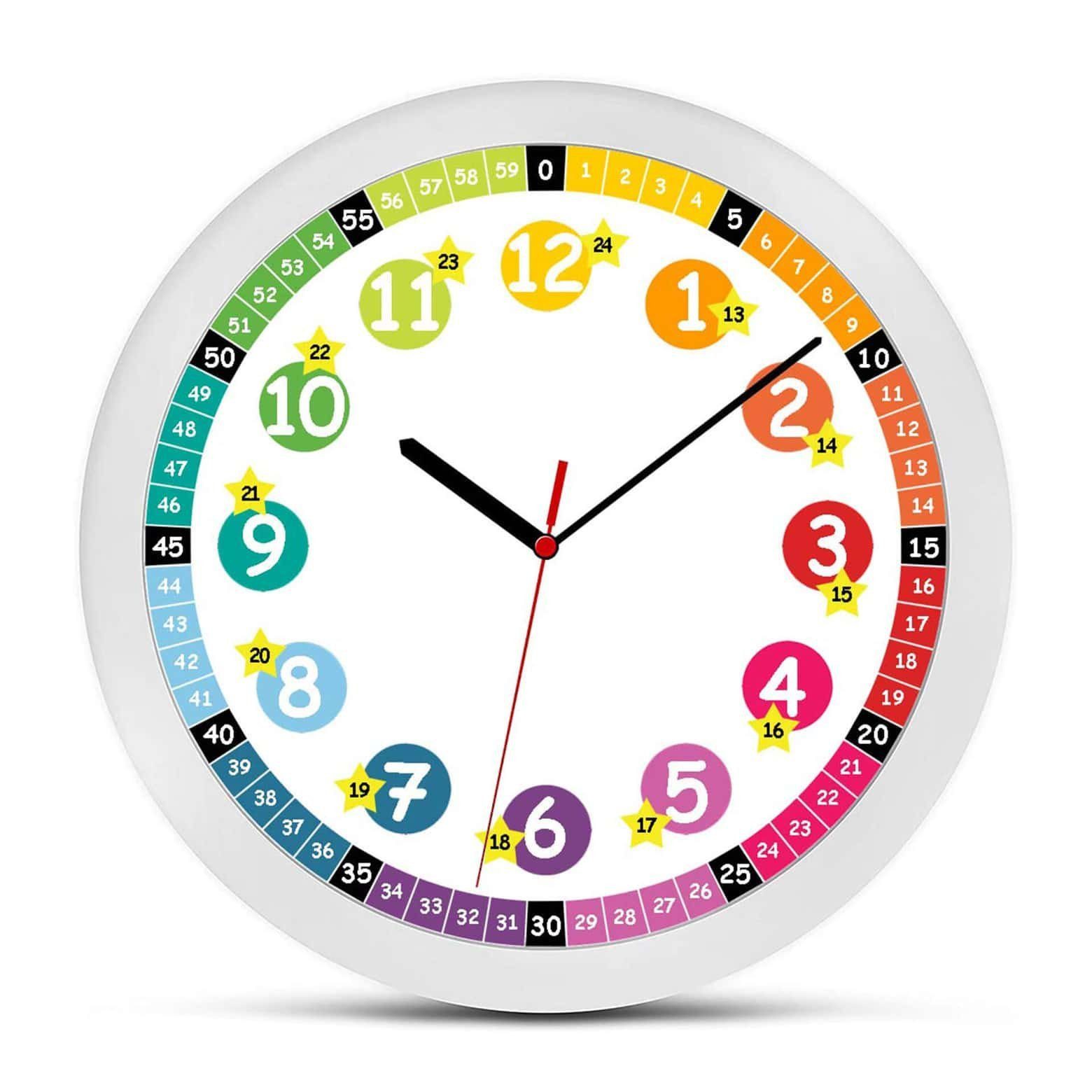 K&L Wall Art Wanduhr Regenbogen Wanduhr mit Lernzifferblatt Kinderzimmer Uhr (lautlose Kinderuhr mit Quarz Uhrwerk ohne Ticken)