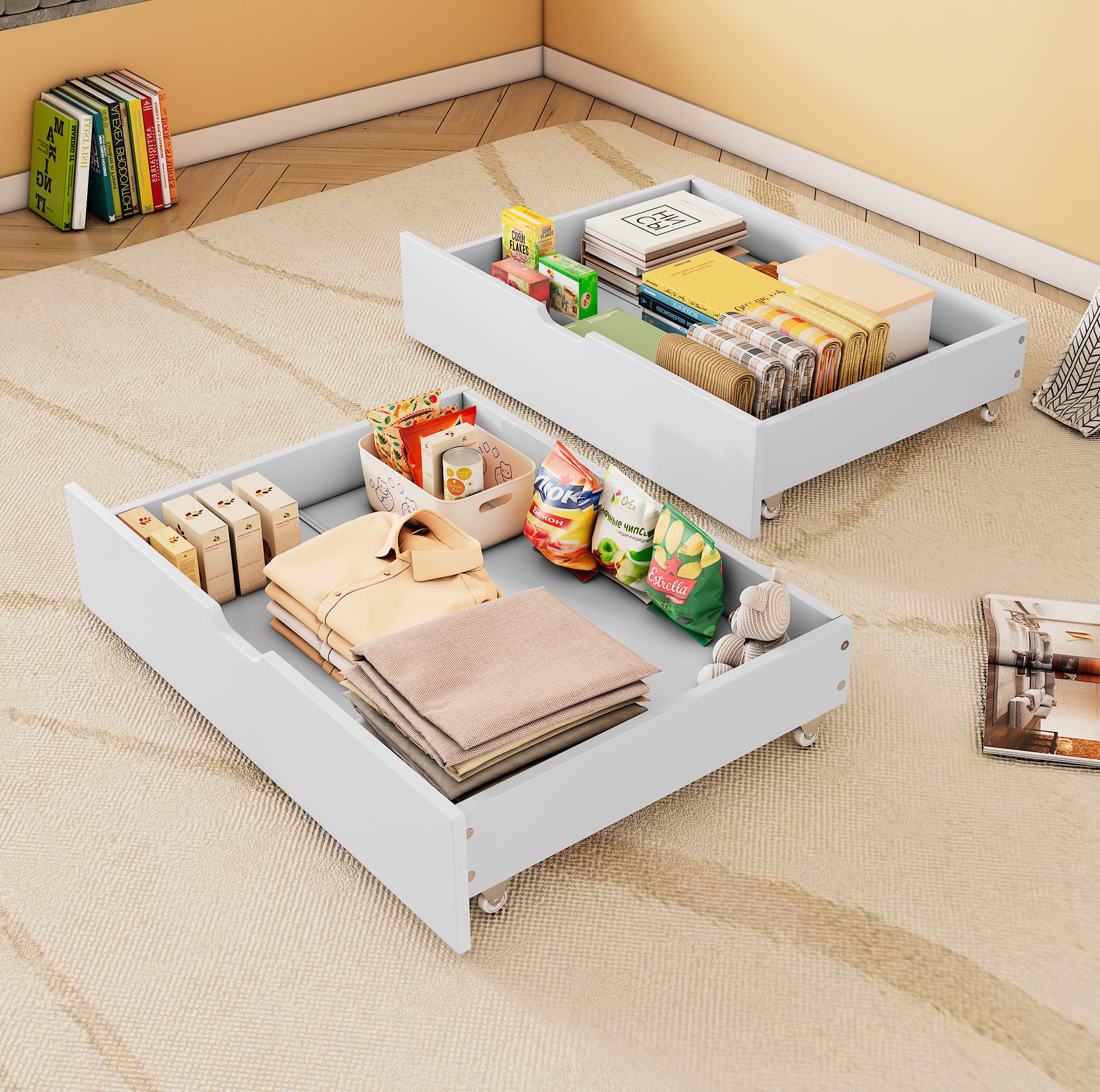 MODFU Schubkasten 2 praktische Aufbewahrungsschubladen mit Rollen (vielseitig kombinierbar, stabil), Weiß, MDF, 93x66,5x20 cm, 2 Stück