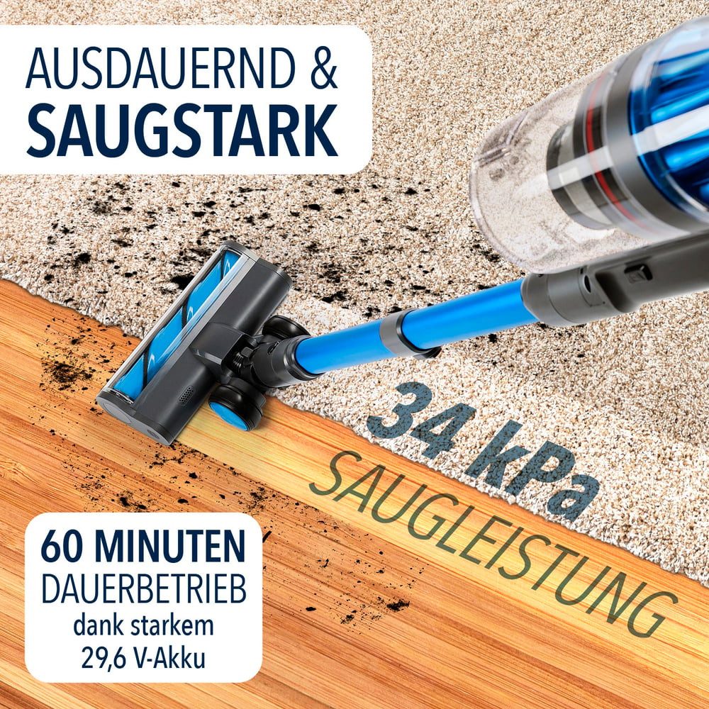 CLEANmaxx Zyklon Hybrid Staubsauger Akku-Zyklon-Staubsauger Deluxe 29,6V grau/blau, 500 W, beutellos, automatische Staubentleerung 3,5L Beutel 60.min Laufzeit H – Bild 4 von 5