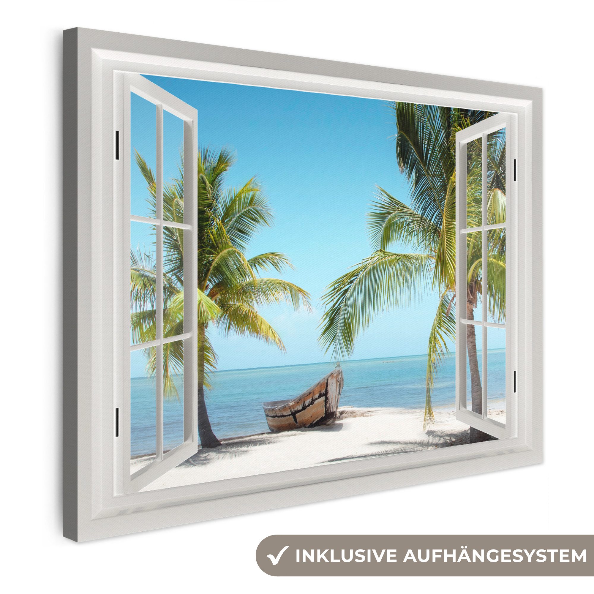 OneMillionCanvasses® Leinwandbild Aussicht - Strand - Palme - Boot - Tropisch - Meer - Blau, Fotodruck (1 St), Wandbild, Deko Schlafzimmer Wohnzimmer Flur 70x50 cm