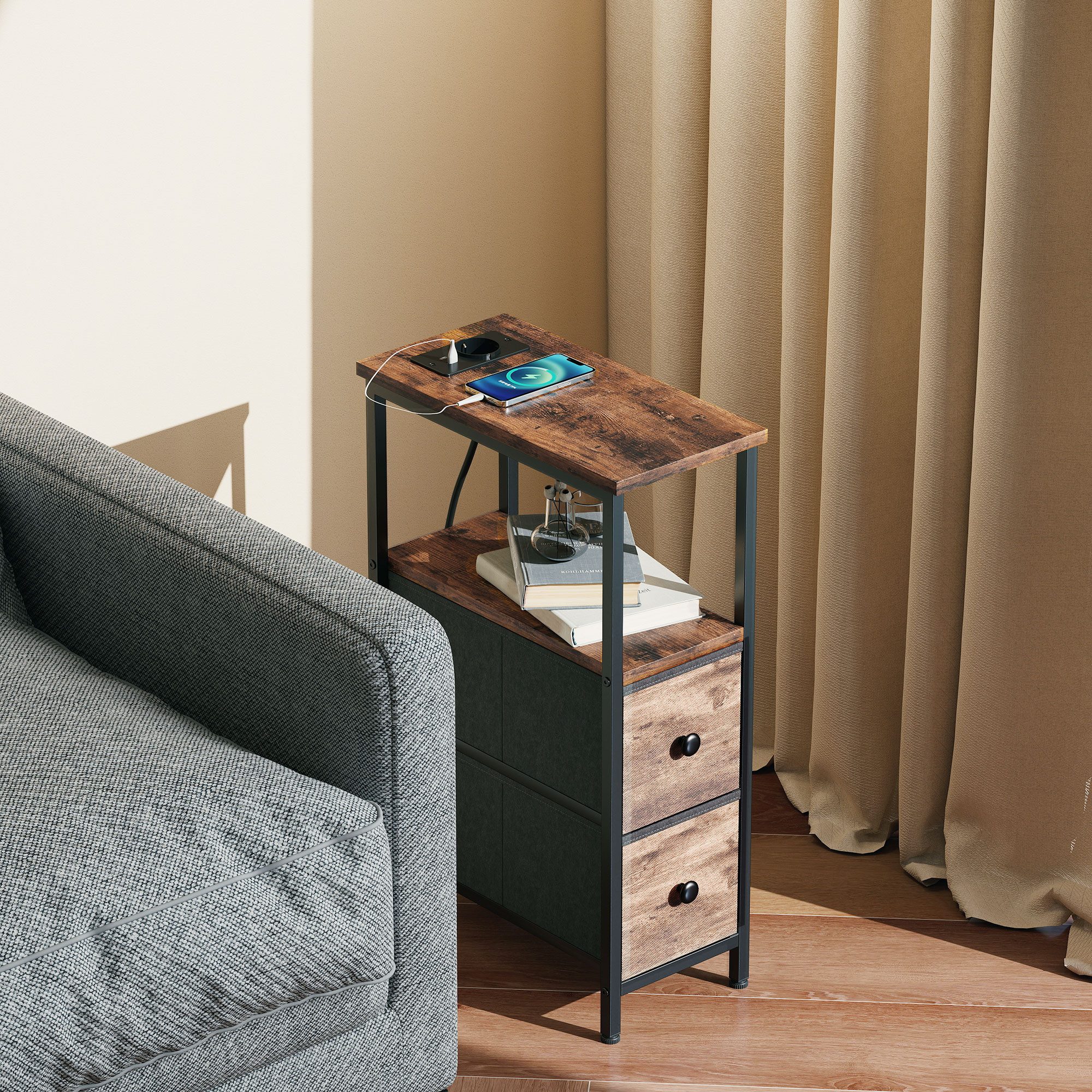 HOMCOM Beistelltisch (Sofatisch, 1-St., Couchtisch), Schmaler Beistelltisch mit Ladestation