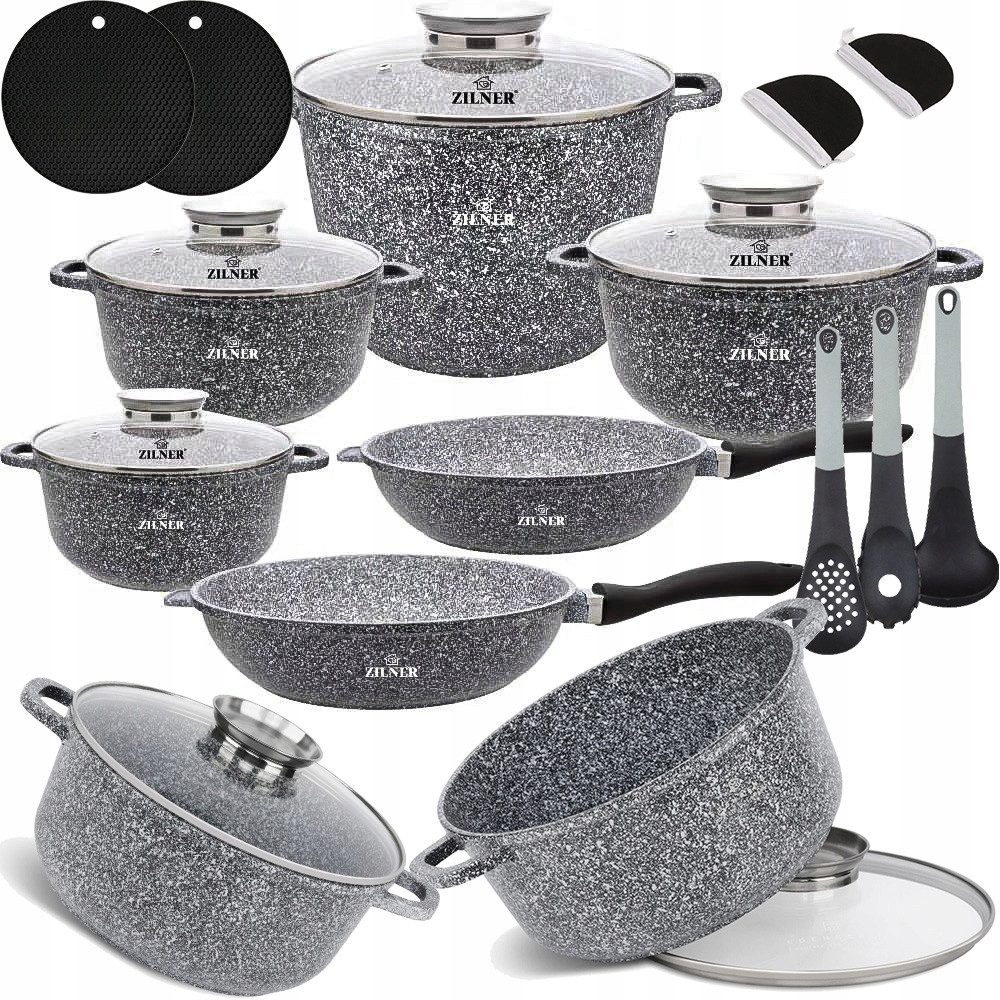 Zilner Topf-Set Schöne graue Töpfe in verschiedenen Größen Pfannen Steinbeschichtung, Aluminiumguss, Aluminium, Keramik, Edelstahl (1.3L / 2.3L / 2.4L / 3.4L / 4.5L / 10.2L, 17-tlg., Es ist eine perfekte Geschenkidee für jeden Anlass. Bestseller-Topfset), Innovative Aroma Knob-Griffe