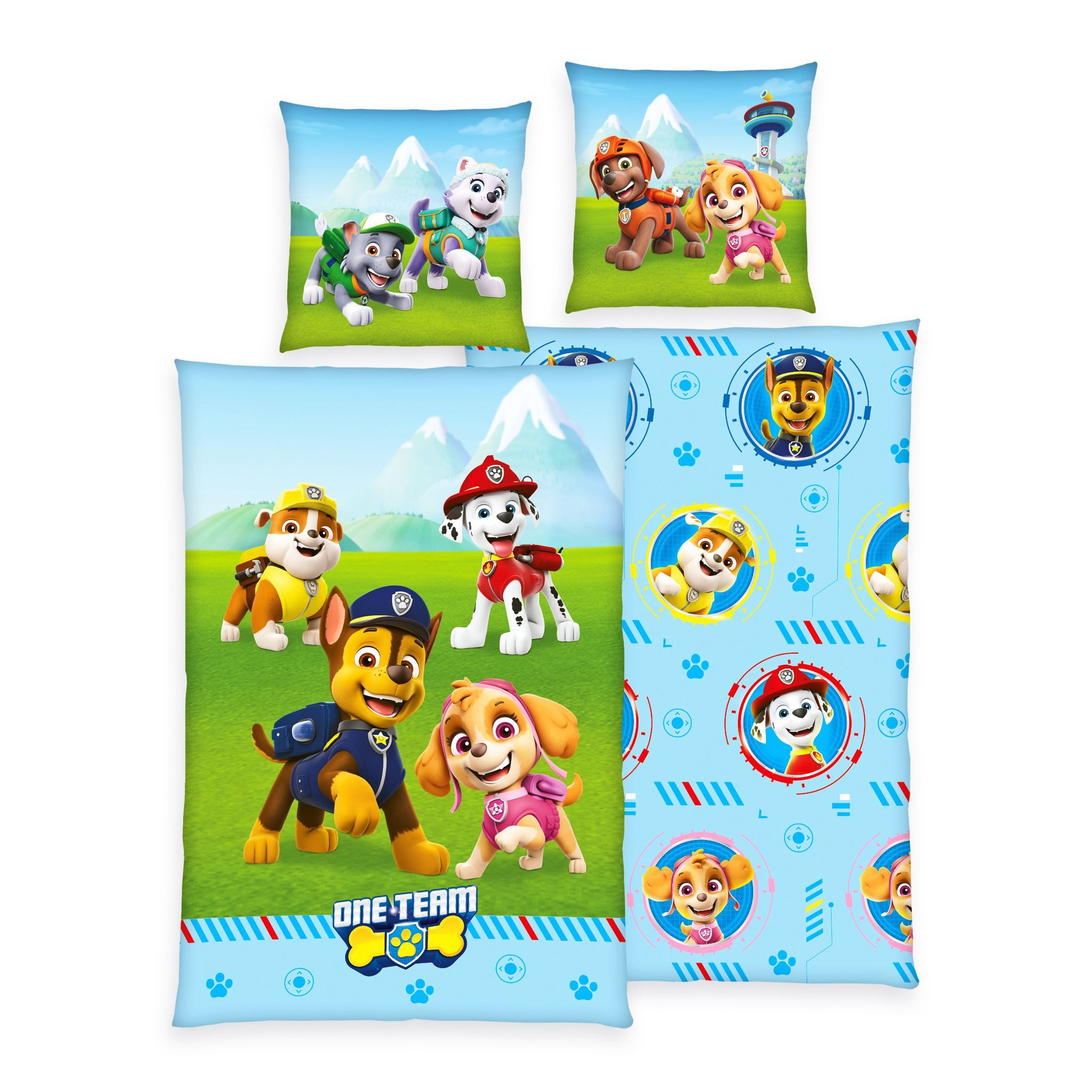 Herding Kinderbettwäsche 135x200cm Paw Patrol Hunde One Team Patrouille, Renforcé, 2 teilig, Everest und Skye Superhelden in den Bergen, mit Knopfleiste