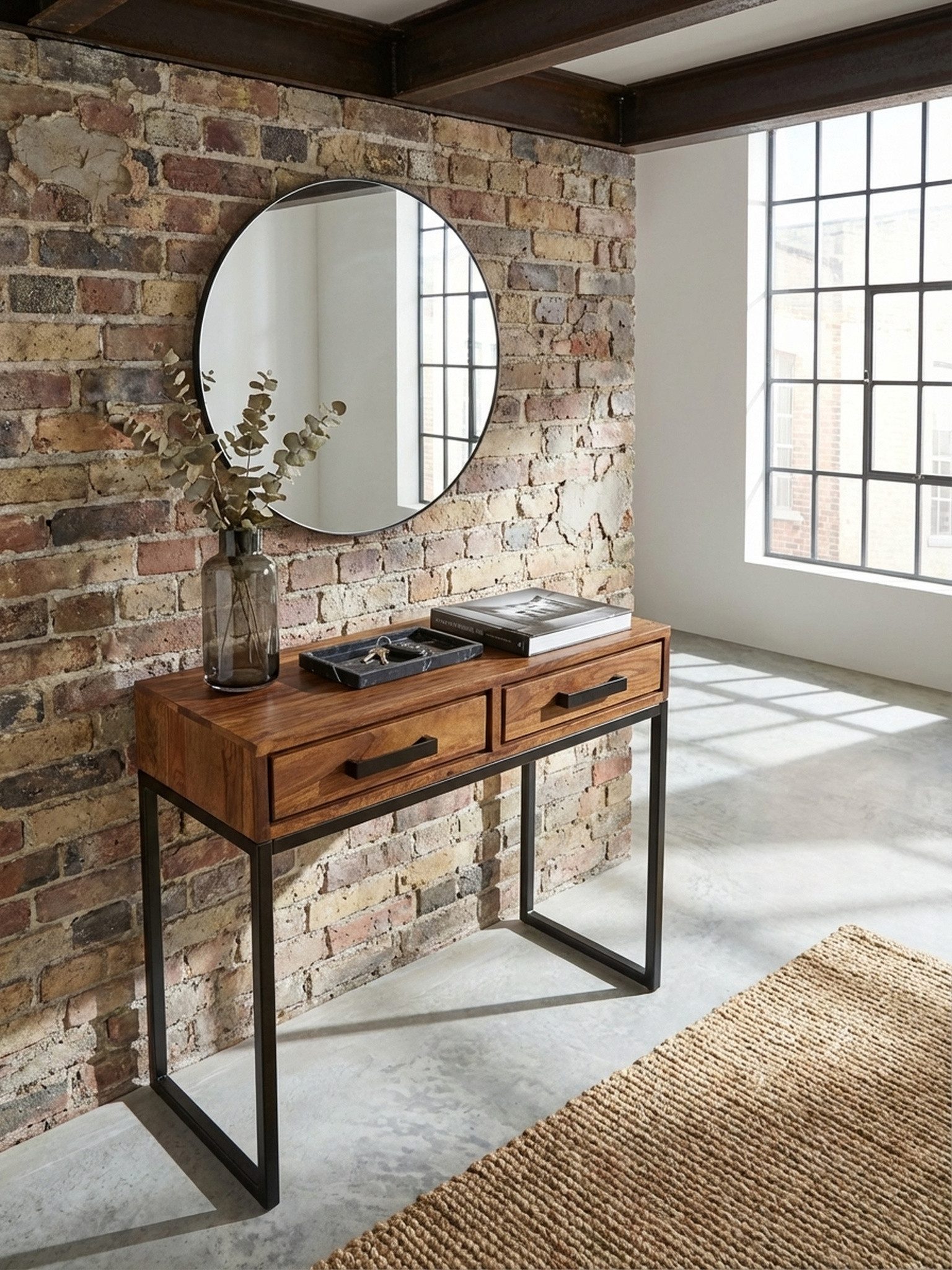 KADIMA DESIGN Konsolentisch Konsolentisch Massivholz Metall 90x76x36 cm Flurtisch Dielenmöbel (Design Schreibtisch Modern), Anrichte Wohnzimmertisch Schmal