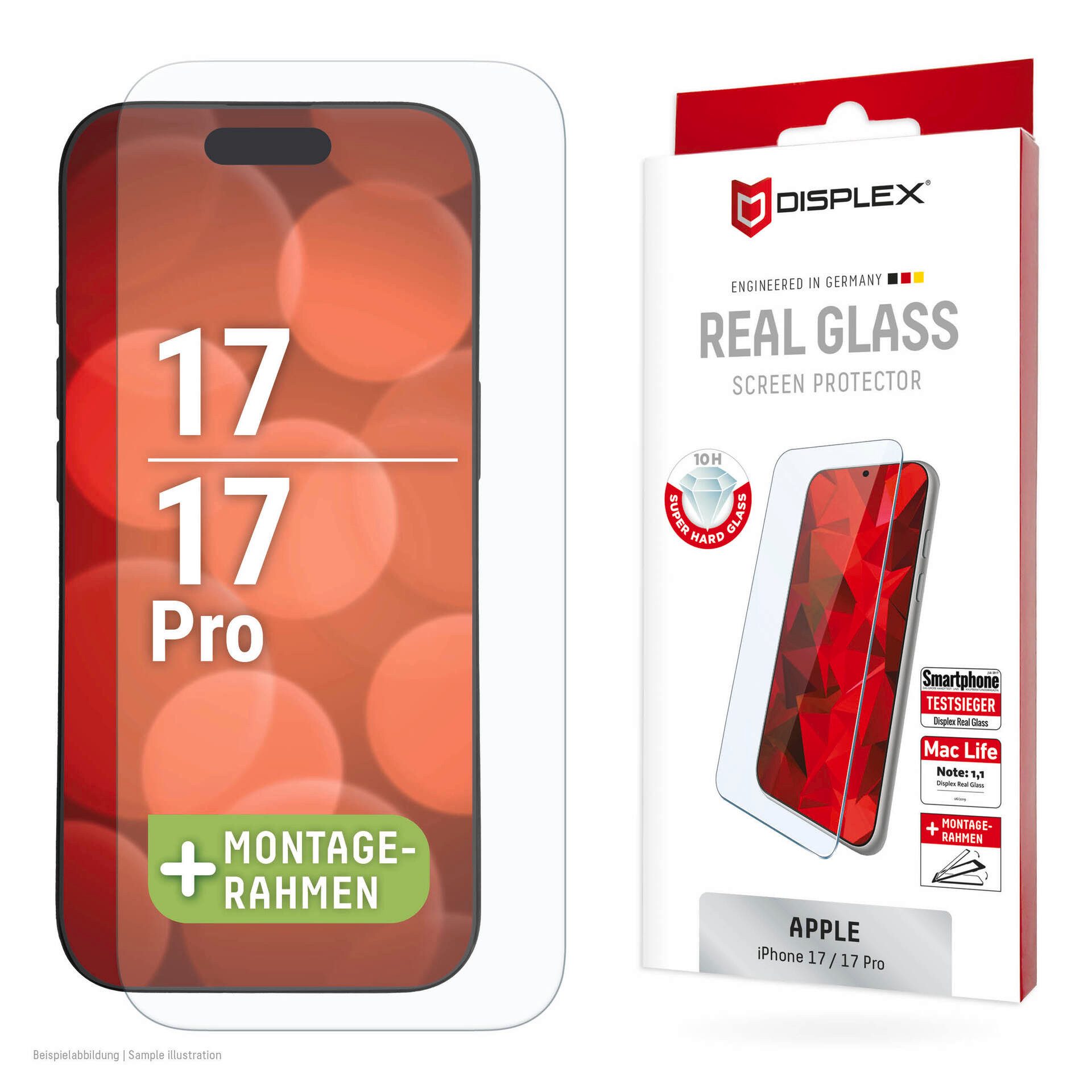 Displex Displayschutzglas Real Glass Screen Protector für Apple iPhone 17, Apple iPhone 17 Pro, Displayschutzfolie, Schutzfolie, Bildschirmschutz, kratz- & stoßfest