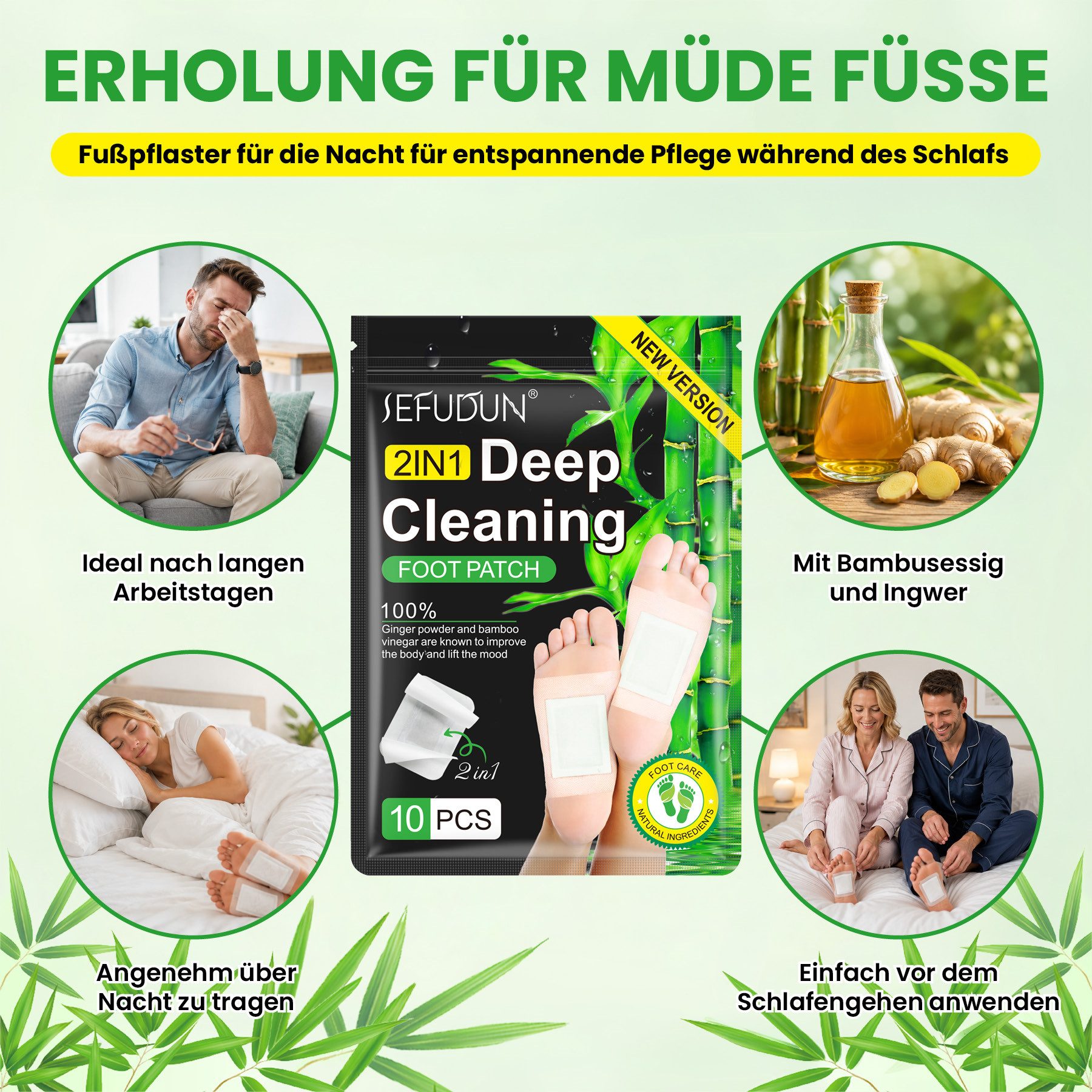 ALIVER Fußmaske Fußpflaster mit Bambusessig Ingwerpulver Holzessig 10stk, Overnight-Fußpflege, Angenehmer Tragekomfort, Praktisch, ALIVER