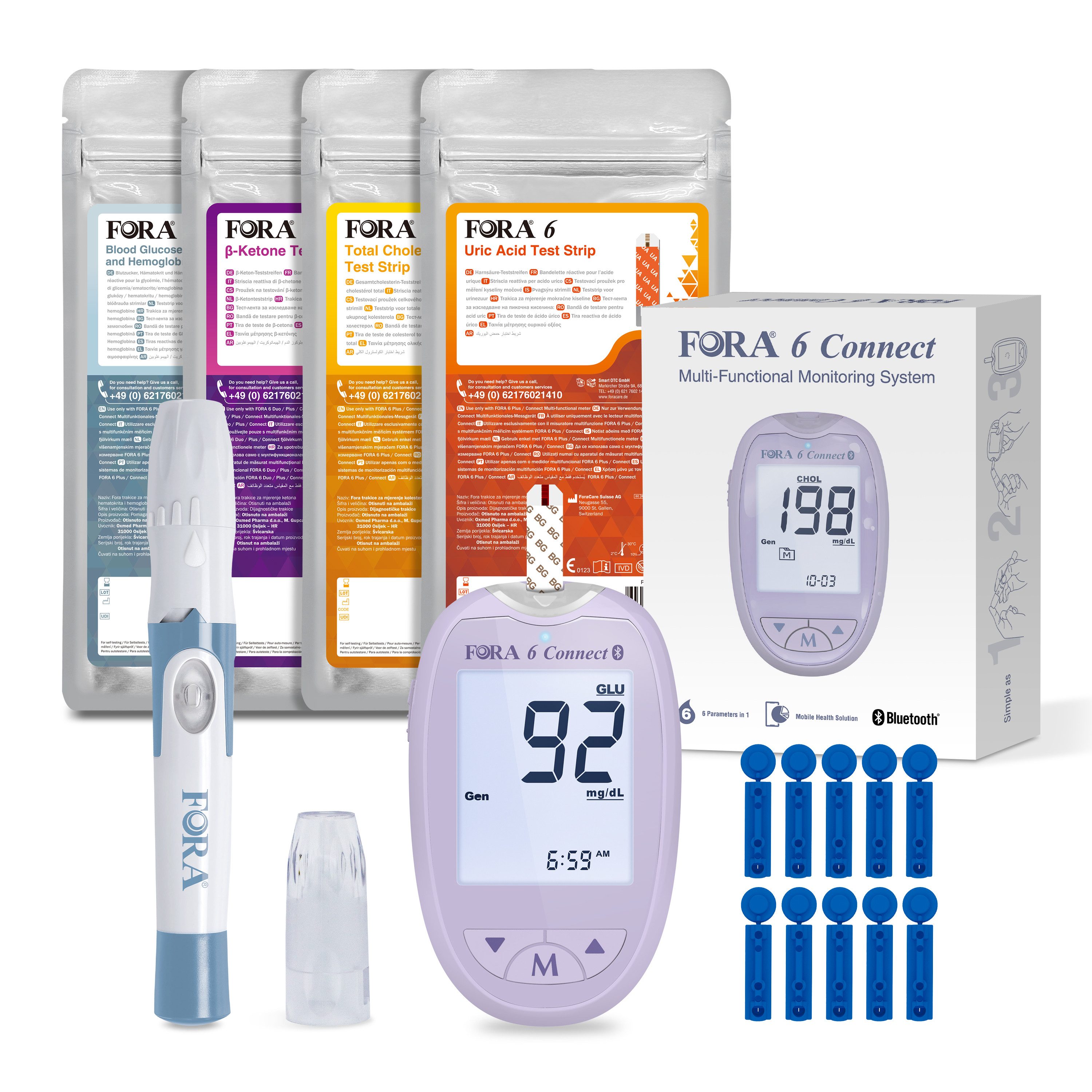FORA Cholesterin Messgerät 6 Connect, Blutzucker, Keton, Cholesterin, Harnsäure, Hämoglobin, Hämatokrit Test, All-in-One Gesundheits Messgerät für die Familie