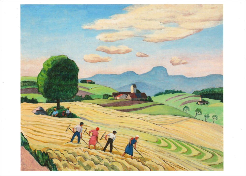 Postkarte Kunstkarte Gabriele Münter "Ernte in Oberbayern (Feldarbeit bei D ..."