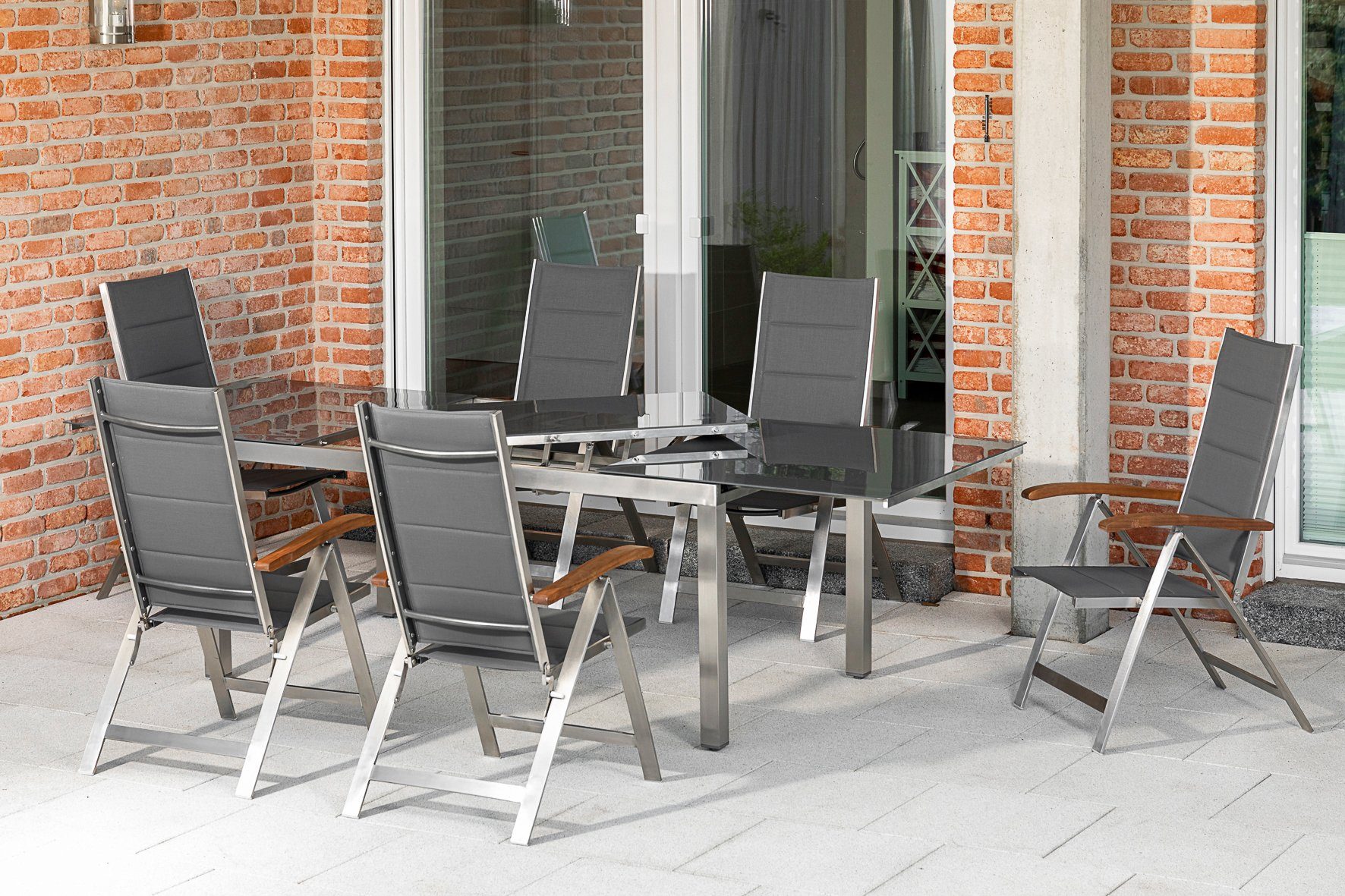 MERXX Garten-Essgruppe Ferrara, (7-tlg), 6 Klappsessel mit ausziehbarem Tisch