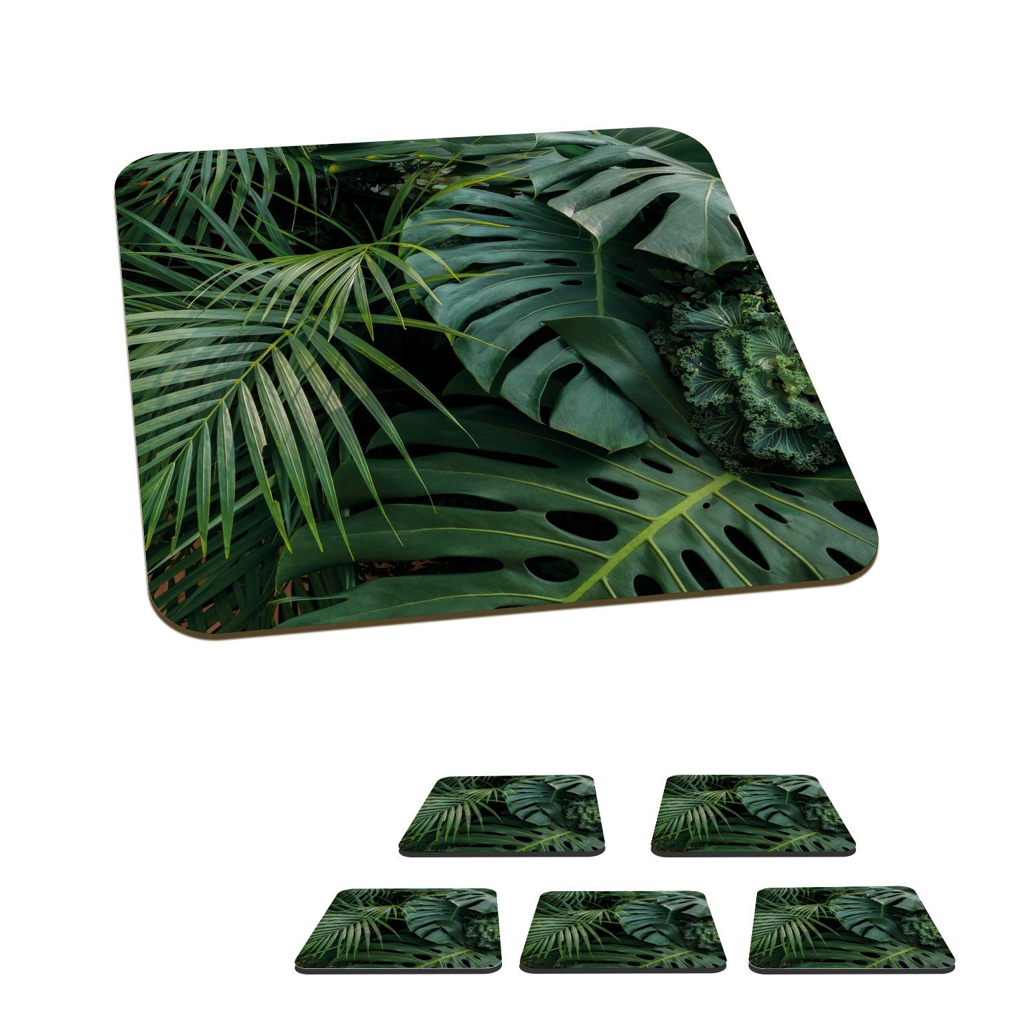 MuchoWow Glasuntersetzer Pflanzen - Dschungel - Blätter - Tropisch, Zubehör für Gläser, 6-tlg., Tassenuntersetzer Kork, Quadrat, Untersetzer Set Gläser, 10x10 cm