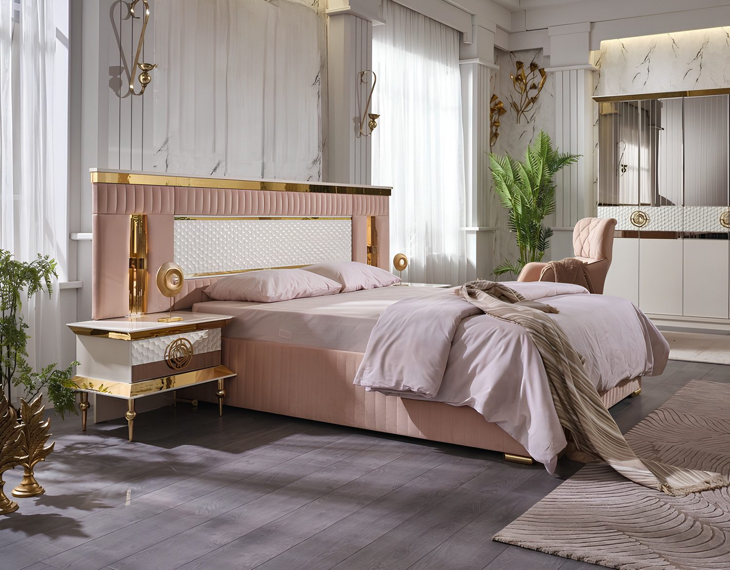 Schlafzimmer-Set Beige Schlafzimmer Garnitur Doppelbett 2x Nachttische Schlaftische