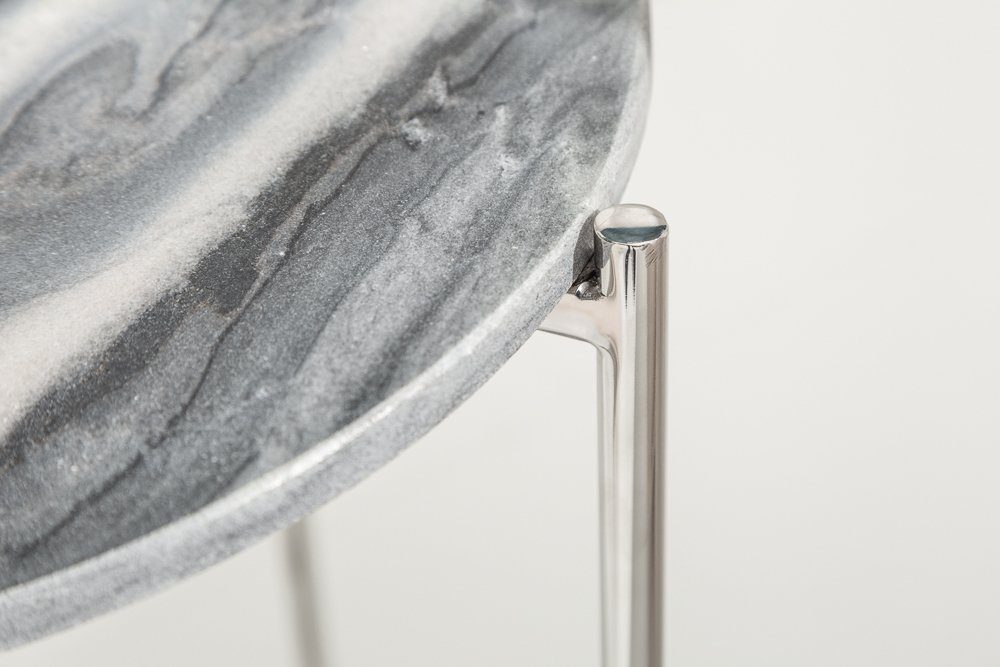 · NOBLE 38cm rund · II Handarbeit abnehmbare · Beistelltisch silber, riess-ambiente Metall-Gestell Marmor-Platte grau /