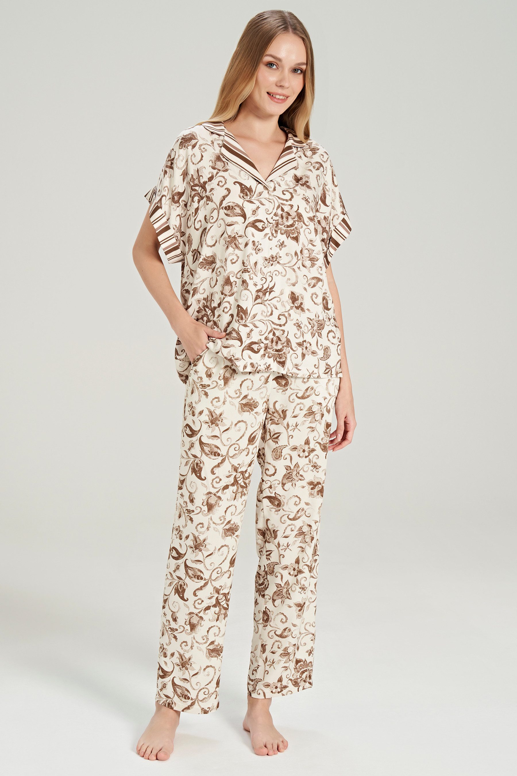 FEYZA Pyjama Gewebtes Damen Pyjama-Set mit Knopfleiste und Blumenmuster