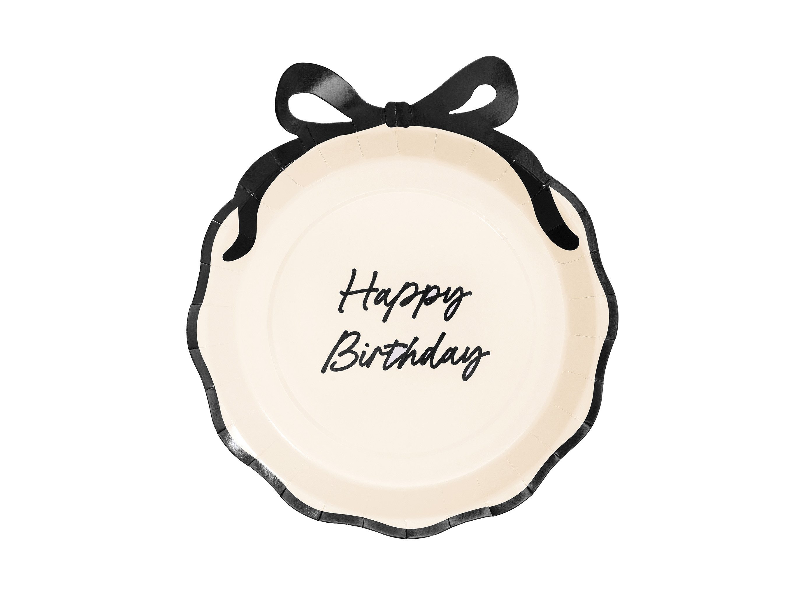 partydeco Einwegteller, Pappteller Happy Birthday 24cm mit Schleife 6er Set Ivory / Schwarz