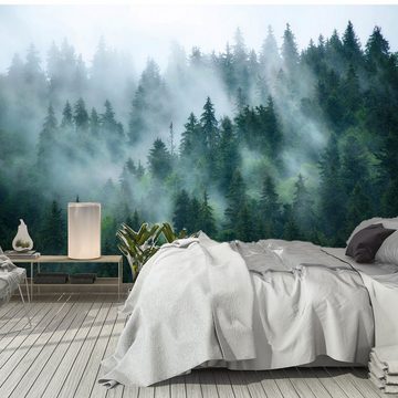 murimage® Fototapete Fototapete Nebel Wald 366 x 254 cm Bäume Holz Aussicht Tapete Morgengrauen Wohnzimmer Küche Schlafzimmer inklusive Kleister