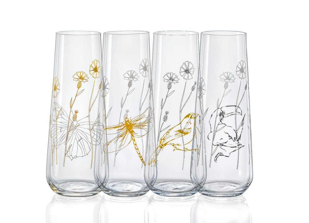 Crystalex Sektglas Meadow Prosecco Gläser 4 verschiedene Dekorationen gold Platin, Kristallglas, Kristallglas, 240 ml, 4er Set