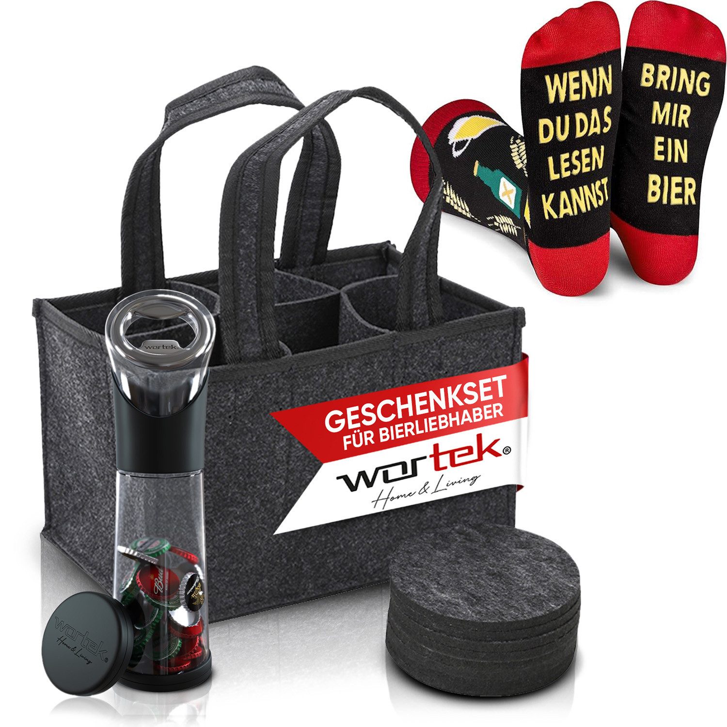 wortek Держатели для бутылок Männerhandtasche Filz Geschenkset für Männer (Set, 4-St), Geschenkset Männer, Geschenkset Bier