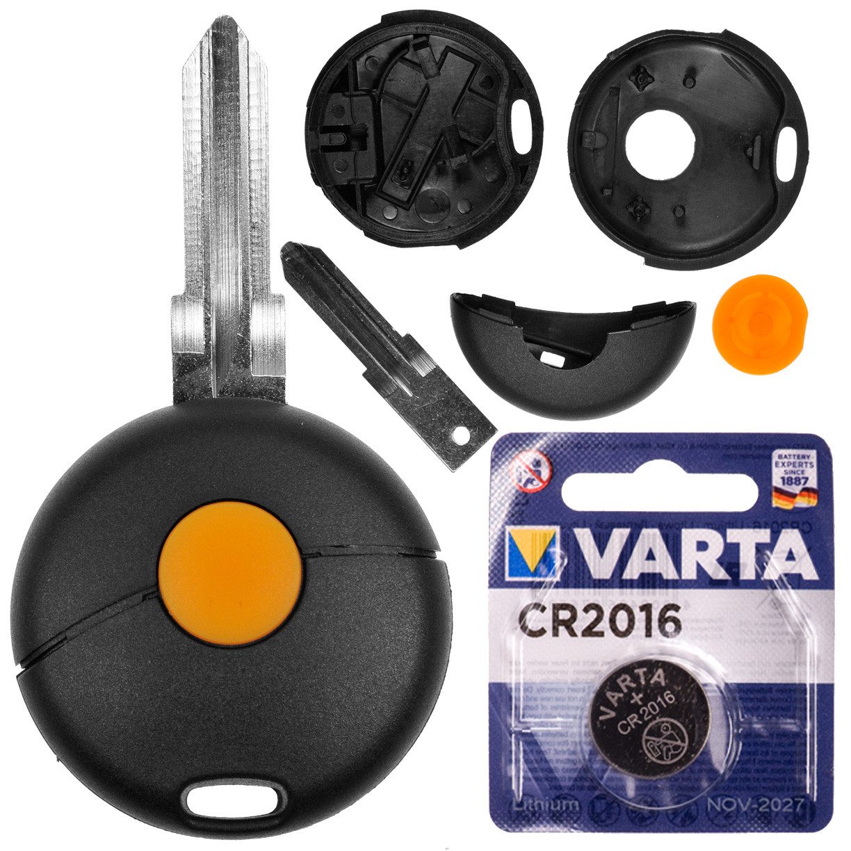 mt-key Auto Schlüssel Reparatur Gehäuse 1 Taste + Rohling + VARTA CR2016 Knopfzelle, CR2016 (3 V), für Smart 450 1. Generation Funk Fernbedienung